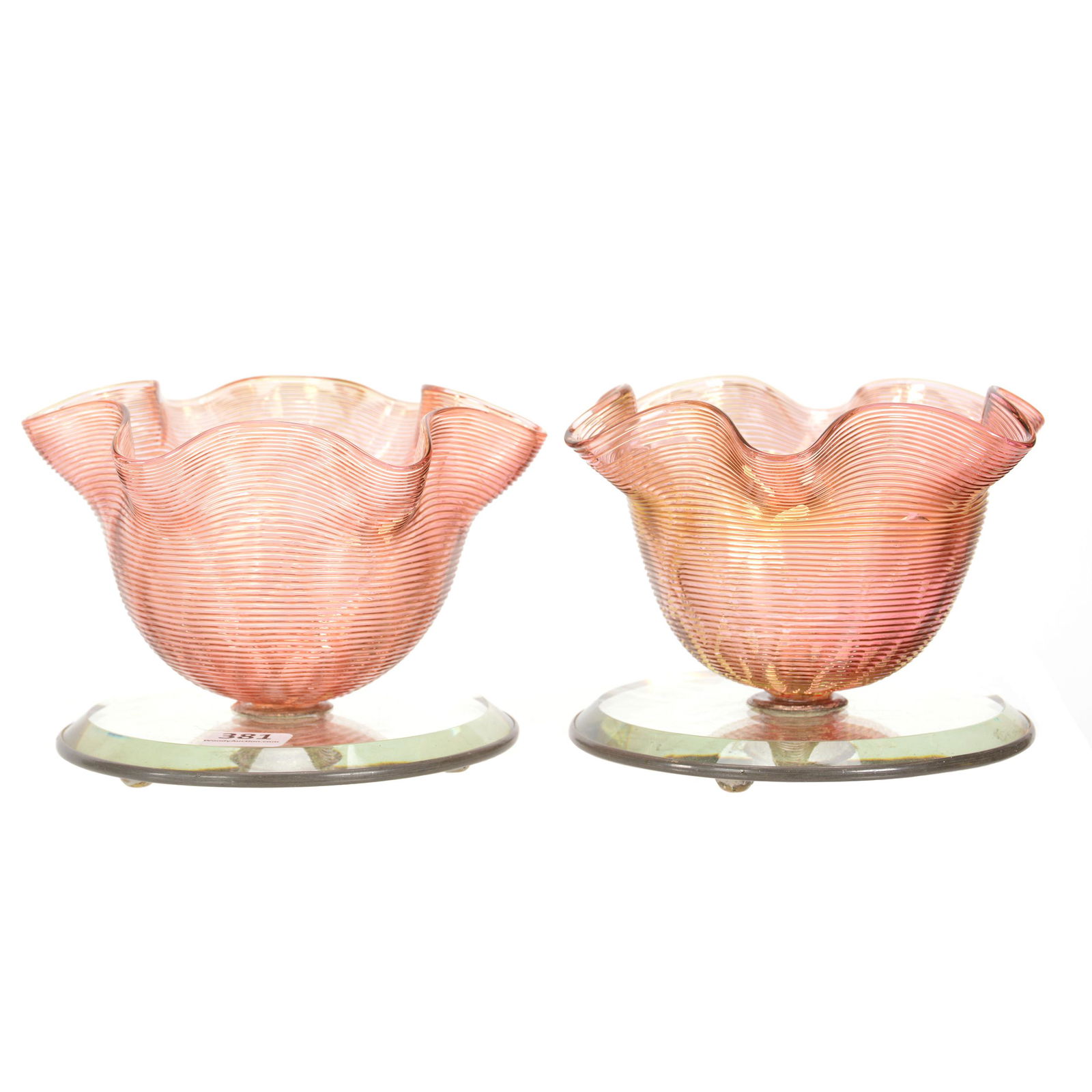 Pair Vases on Mirrors, Threaded Art Glass (1 of 2)