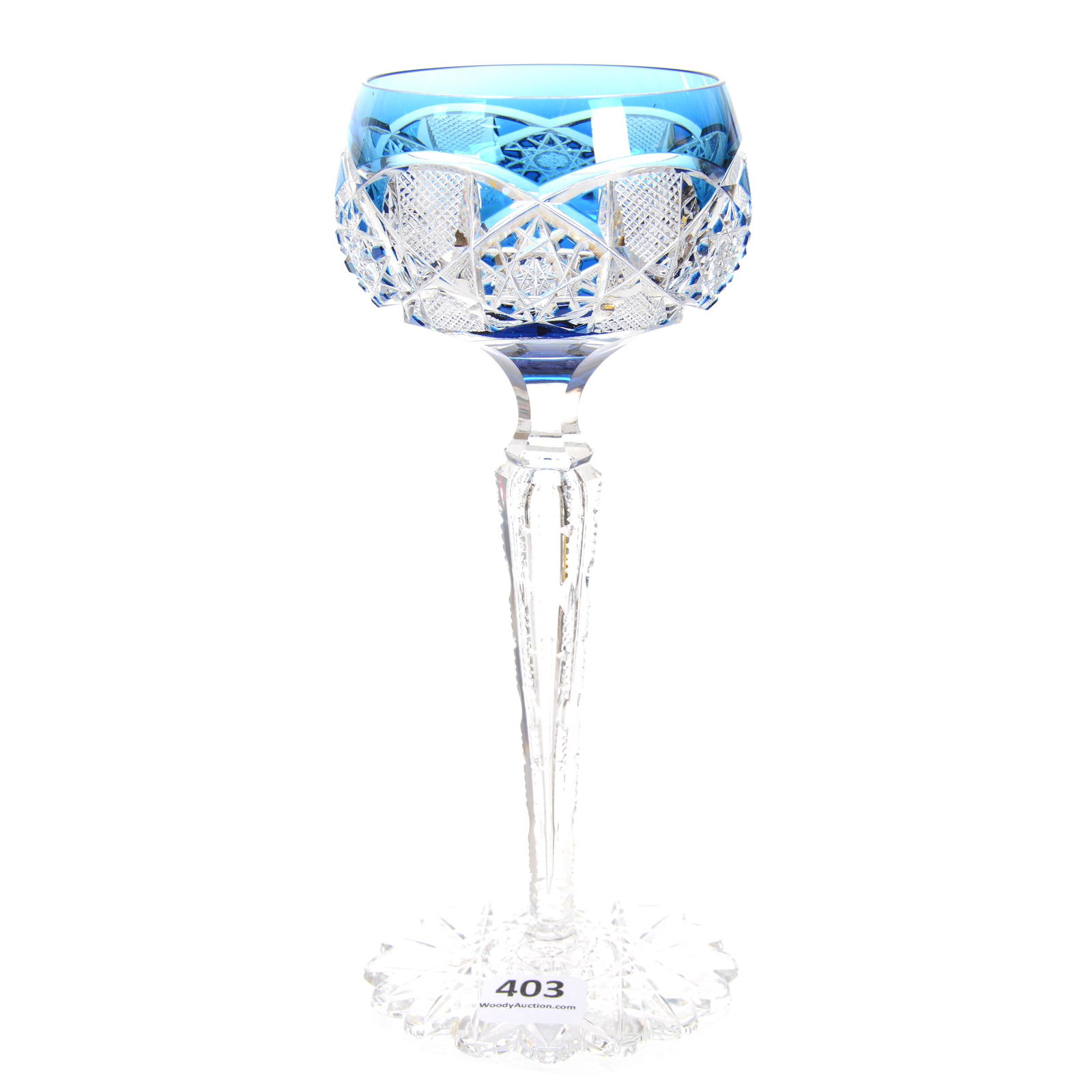 Wine Stem, Brilliant Period Cut Glass, French Blue Cut: Wine Stem, Brilliant Period Cut Glass, French Blue Cut to Clear, 7.75", Saarbrucken Pattern by Val St. Lambert, Notched Stem, Scalloped Hobstar Foot, Private Collection, OH