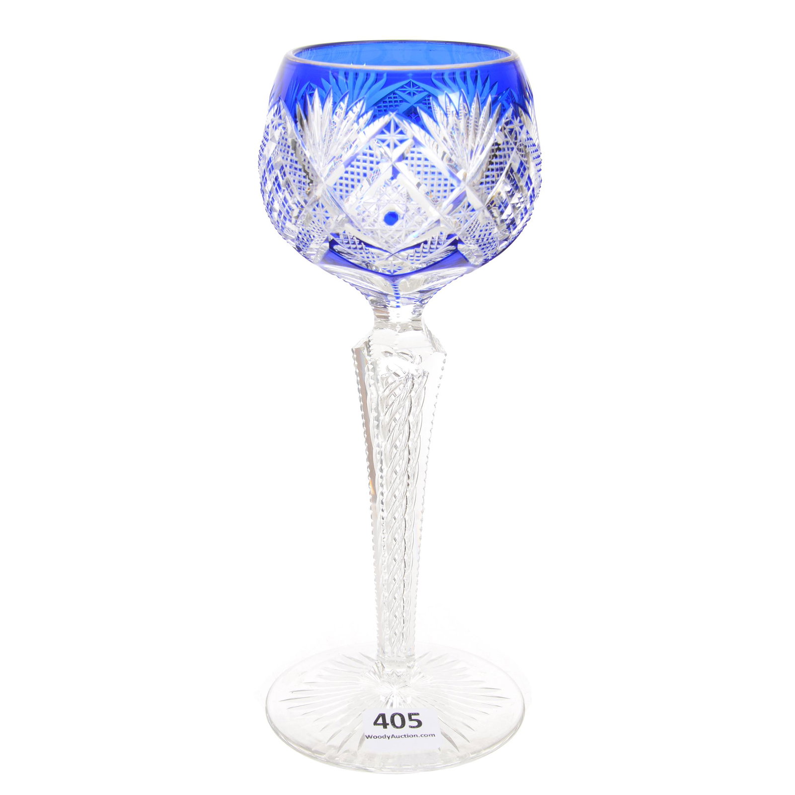 Wine Stem, Brilliant Period Cut Glass, Blue Cut to: Wine Stem, Brilliant Period Cut Glass, Blue Cut to Clear, 7.75", Hobstar, Crosscut Diamond, Strawberry Diamond, Star and Fan Motif, Air Twist Stem, Ray Cut Foot, Attributed to Val St. Lambert, Private