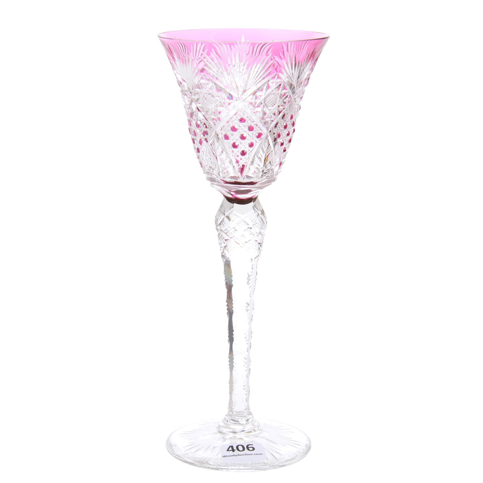 Wine Stem, Brilliant Period Cut Glass, Pale Amethyst: Wine Stem, Brilliant Period Cut Glass, Pale Amethyst Cut to Clear, 8.5", Hobstar, Cane, Feather and Fan Motif, Attributed to Val St. Lambert, Private Collection, FL