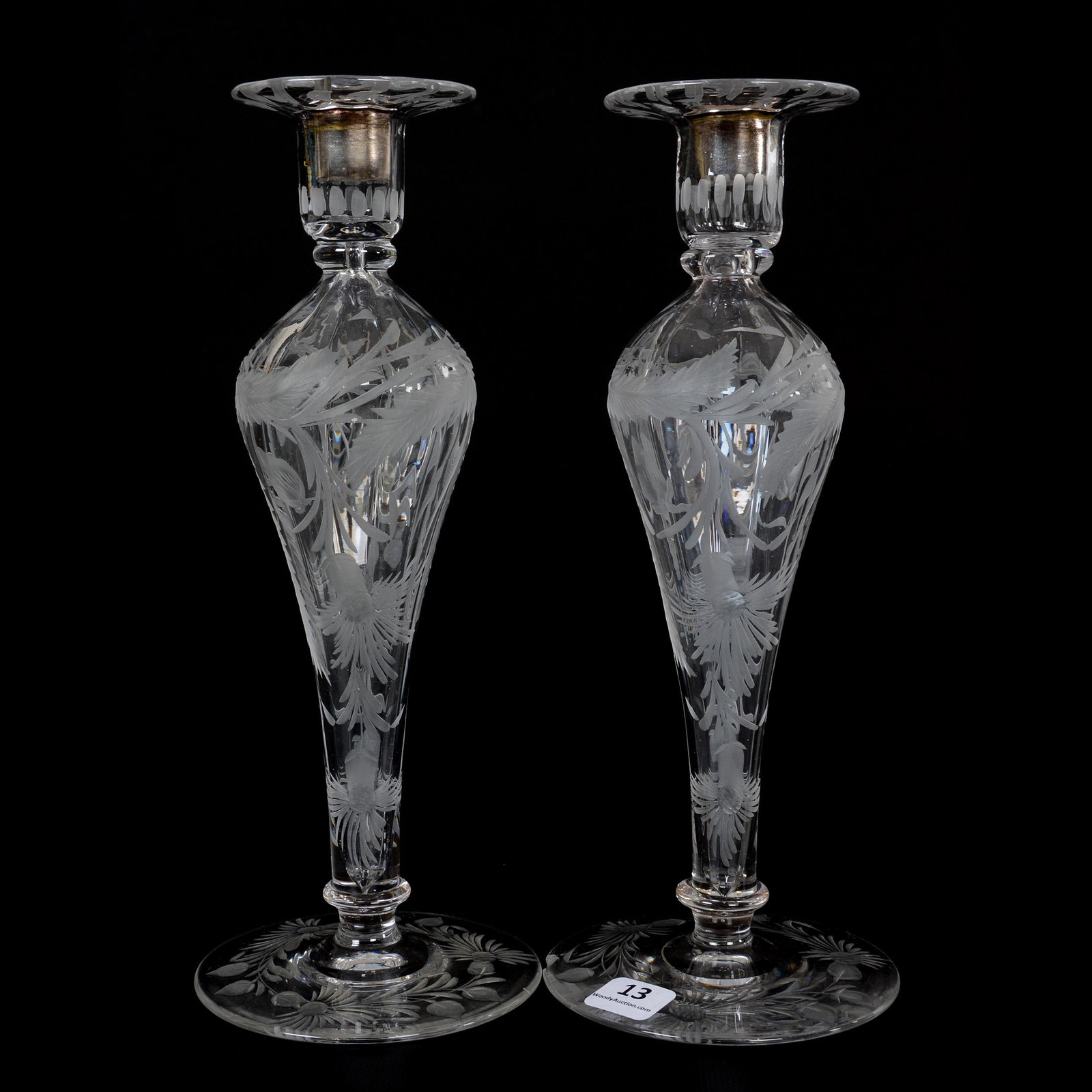 Pair Candlesticks, ABCG, Signed Libbey: Pair Candlesticks, American Brilliant Cut Glass, Signed Libbey, 10.75" x 4", Hollow Body With Finely Engraved Blossom And Leaf Decor, Nice Quality, One Candlestick Has A Base Chip, Private Collection,