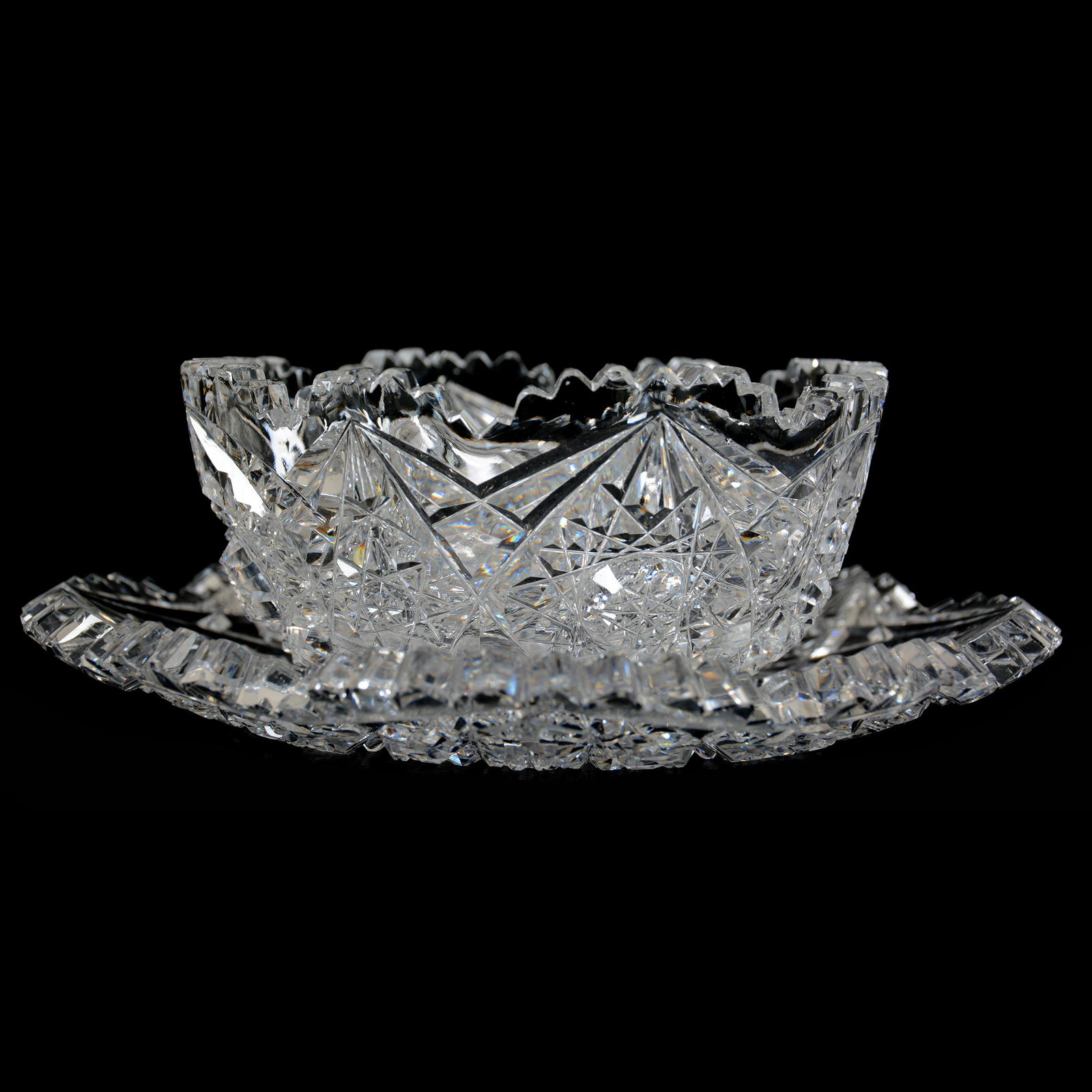 Finger Bowl And Underplate, ABCG: Finger Bowl And Underplate, American Brilliant Cut Glass, 2.5" x 7", Hobstar, Vesica And Fan Motif, Eight-Sided Bowl Has Light Interior Rim Nicks, Underplate In Good Condition, Private Collection, TX.