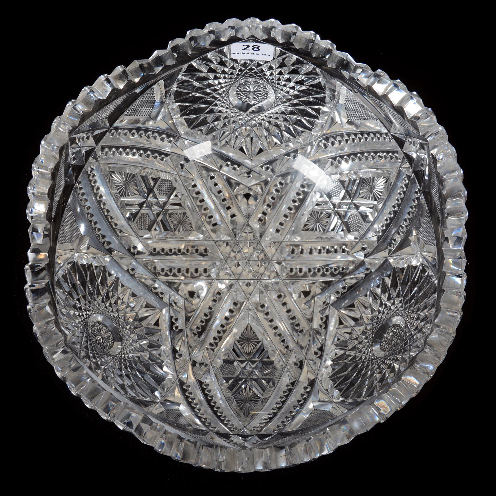 Bowl, American Brilliant Cut Glass: Bowl, American Brilliant Cut Glass, 4" x 9", Three Sections Of Hobstar, Prism, Strawberry Diamond And Star Motif, Very Sharp Cutting, Unidentified Pattern, One Minor Interior Tooth Nick, Private Colle