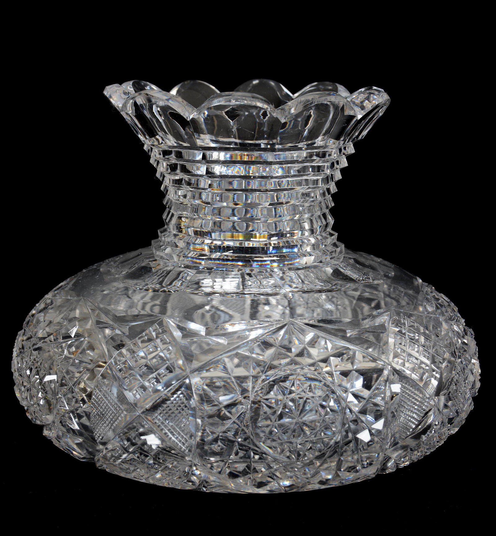 Flower Center, American Brilliant Cut Glass: Flower Center, American Brilliant Cut Glass, 6.25" x 8", Hobstar, Vesica, Strawberry Diamond, Crosscut Diamond And Fan Motif, Hobstar Base, Step Cut Neck, Private Collection, TX.