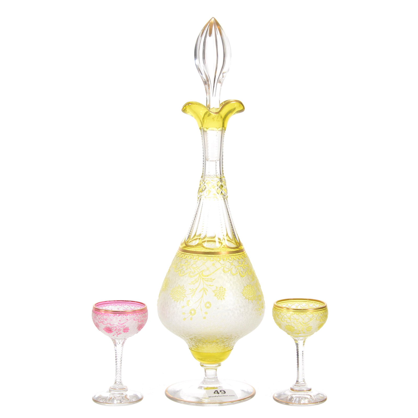 Liqueur Set, BPCG, Colored Overlay Acid Cut To Clear: Liqueur Set, Brilliant Period Cut Glass, Colored Overlay Acid Cut To Clear, 11.25", 2.75", Mercury Pattern By Val St. Lambert, Circa 1910, (1) 11.25" Decanter, (2) 2.75" Stems, Gold Stencil Highlights