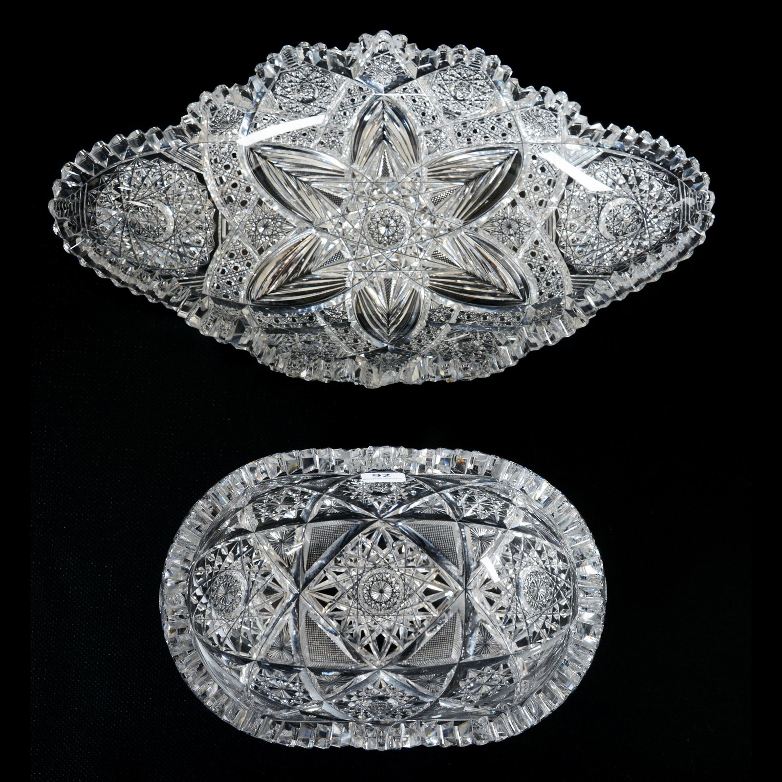 (2) Quality Items, ABCG: (2) Quality Items, American Brilliant Cut Glass, (1) 13.75" X 7.5", Ice Cream Tray, Silver Leaf Pattern By Pairpoint, Sizeable Outside Tooth Chip, (1) 4.25" X 8.25" X 6", Banana Bowl, Libbey's Colonna