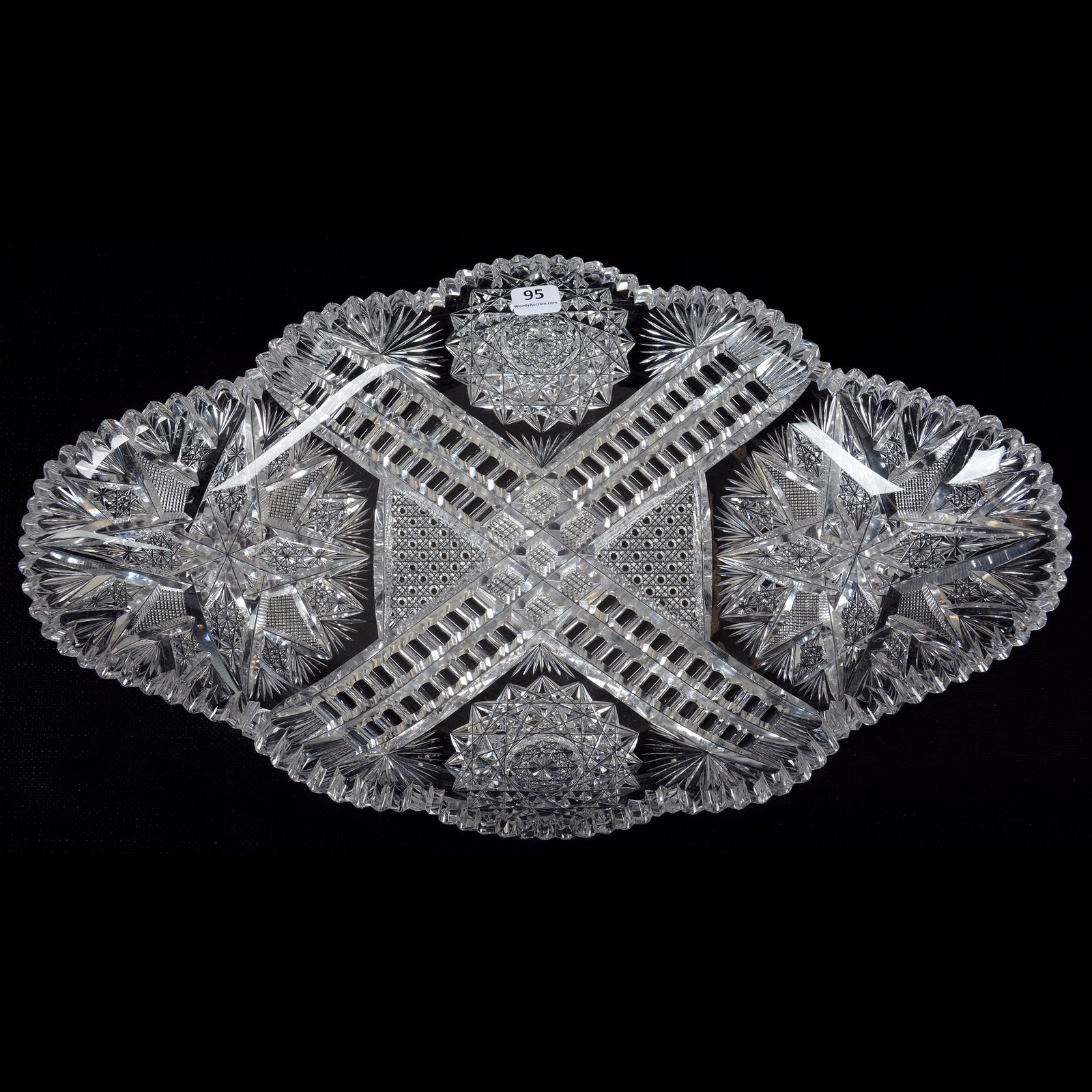 Ice Cream Tray, American Brilliant Cut Glass: Ice Cream Tray, American Brilliant Cut Glass, 18" x 10.5", Hobstar, Modified Flashed Hobstar, Cane, Zipper And Fan Motif, Quality Well-Cut Blank, One Tooth With Slight Slanted Chip Repair, Private Col