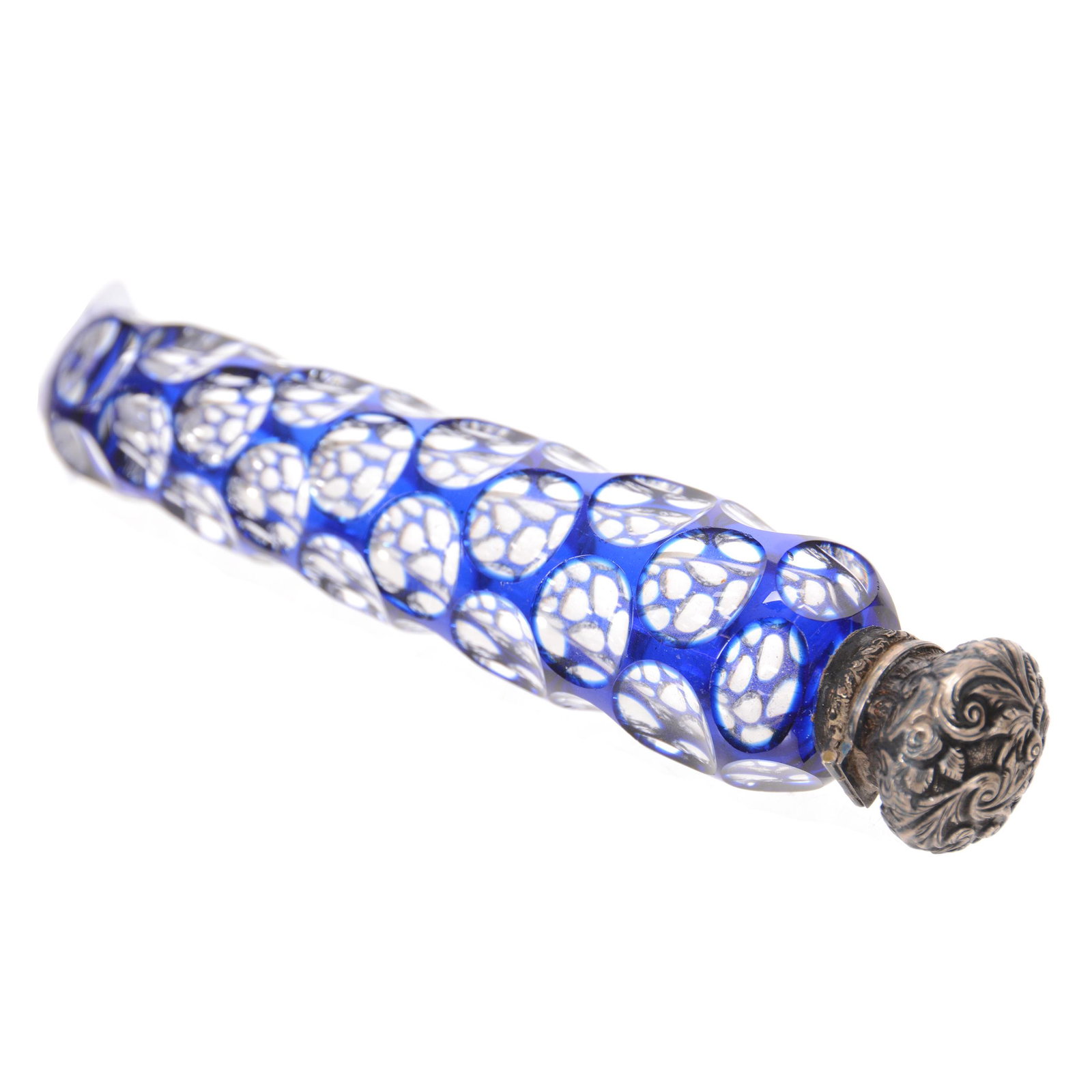 Lay Down Perfume, BPCG, Blue Cut To Clear: Lay Down Perfume, Brilliant Period Cut Glass, Blue Cut To Clear, 4.75", Bullseye Design, Elaborate Embossed Silver Flip Cap With Original Glass Stopper, Nice Quality, Mike and Mary Ann Callahan Collec