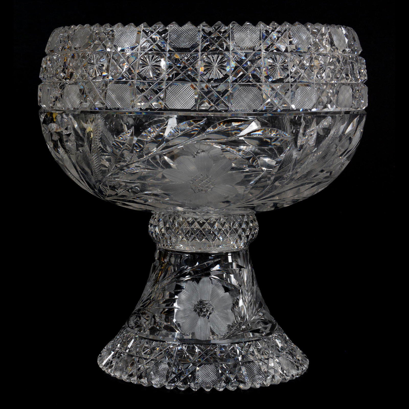 Punch Bowl, Two Part, ABCG, Harvard & Daisy Motif: Punch Bowl, Two Part, American Brilliant Cut Glass, Harvard & Daisy Motif, 12.5" x 11.5", Total Weight Of Over Eighteen Pounds, Private Collection, TX.