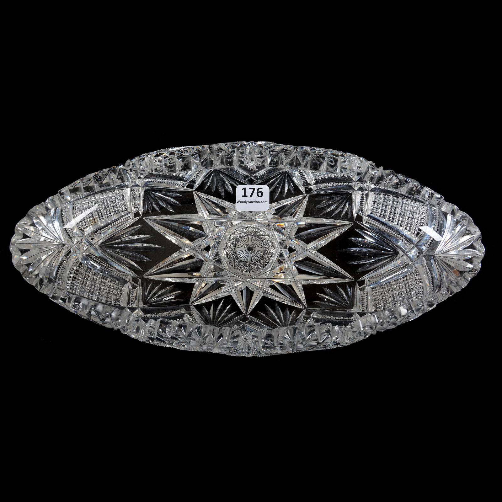 Folded Celery Tray, American Brilliant Cut Glass: Folded Celery Tray, American Brilliant Cut Glass, 11.75" x 5.5", Large Hobstar Center With Crosscut Diamond, Zipper And Fan Motif, Clear Blank, Mike and Mary Ann Callahan Collection.