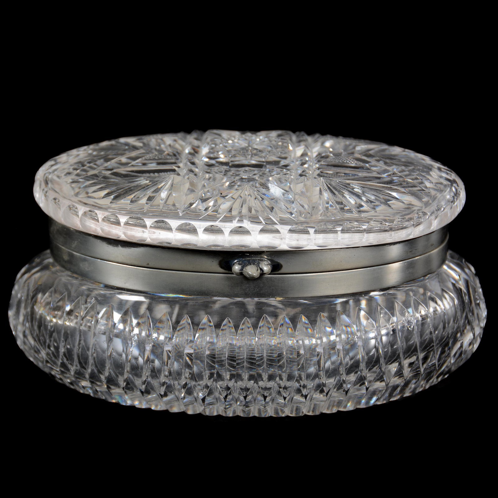 Oval Jewel Box, ABCG, Pearl Pattern By Pairpoint: Oval Jewel Box, American Brilliant Cut Glass, Pearl Pattern By Pairpoint, 2.75" x 5.75" x 3.75", Ray Cut Base, Clear Blank, Mike and Mary Ann Callahan Collection.