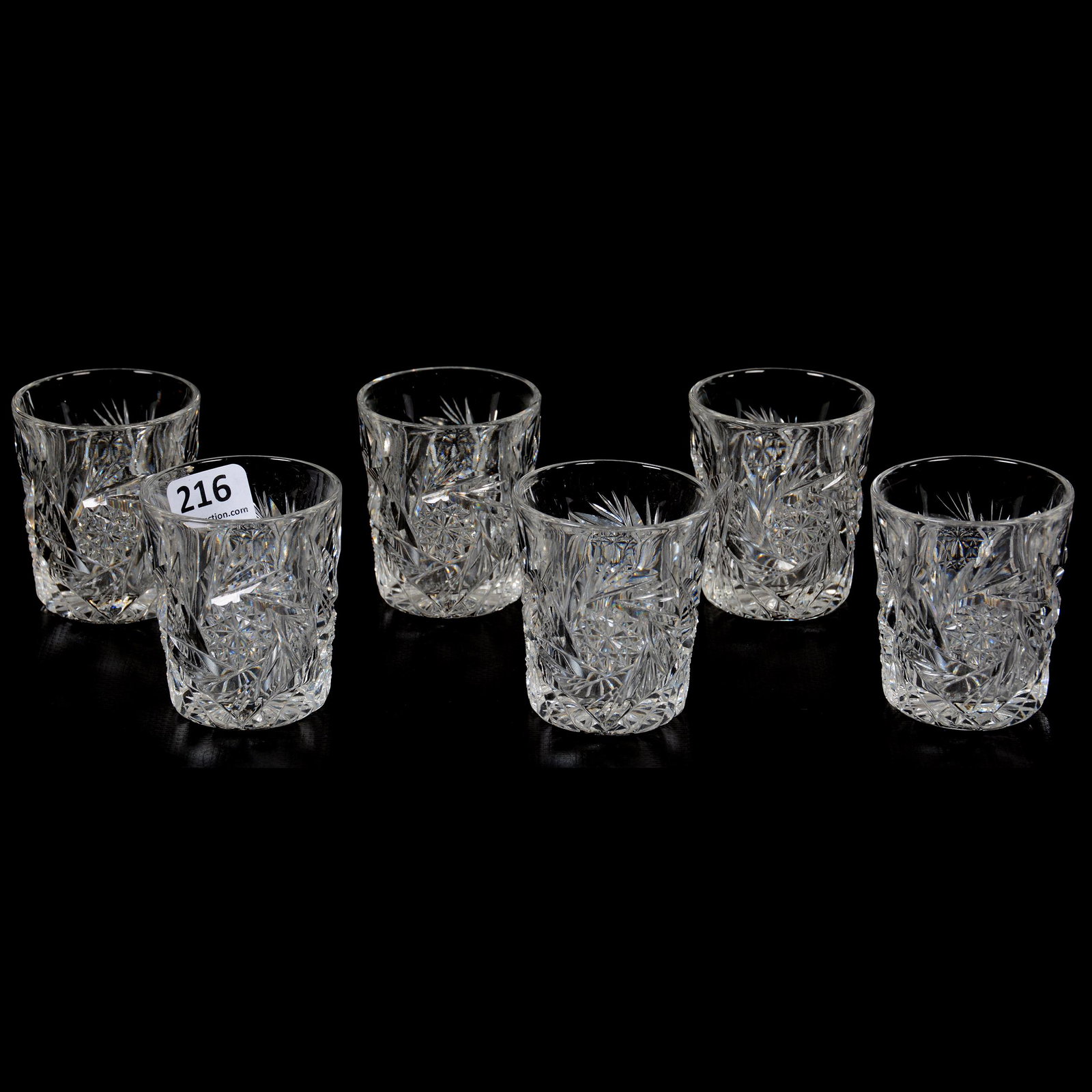 (6) Whiskey Tumblers, American Brilliant Cut Glass: (6) Whiskey Tumblers, American Brilliant Cut Glass, 2.25" x 1.75", Pinwheel, Crosscut Diamond And Fan Motif, Ray Cut Base, Mike and Mary Ann Callahan Collection.