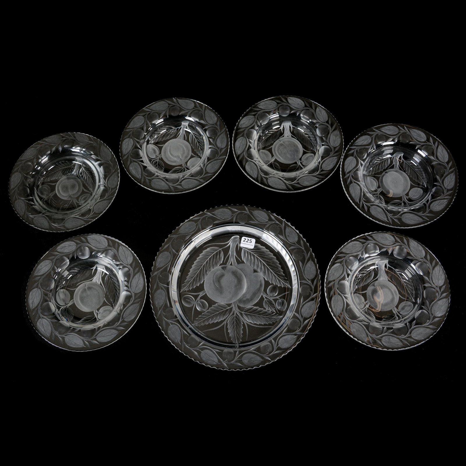 Cake Set, ABCG, Baked Apple Pie By Pairpoint: Cake Set, American Brilliant Cut Glass, Baked Apple Pie By Pairpoint, (1) 10.5" Master And (6) Matching 7.25" Individuals, One Of Which Has Small Rim Chip, Quality Engraving, Private Collection, KS.