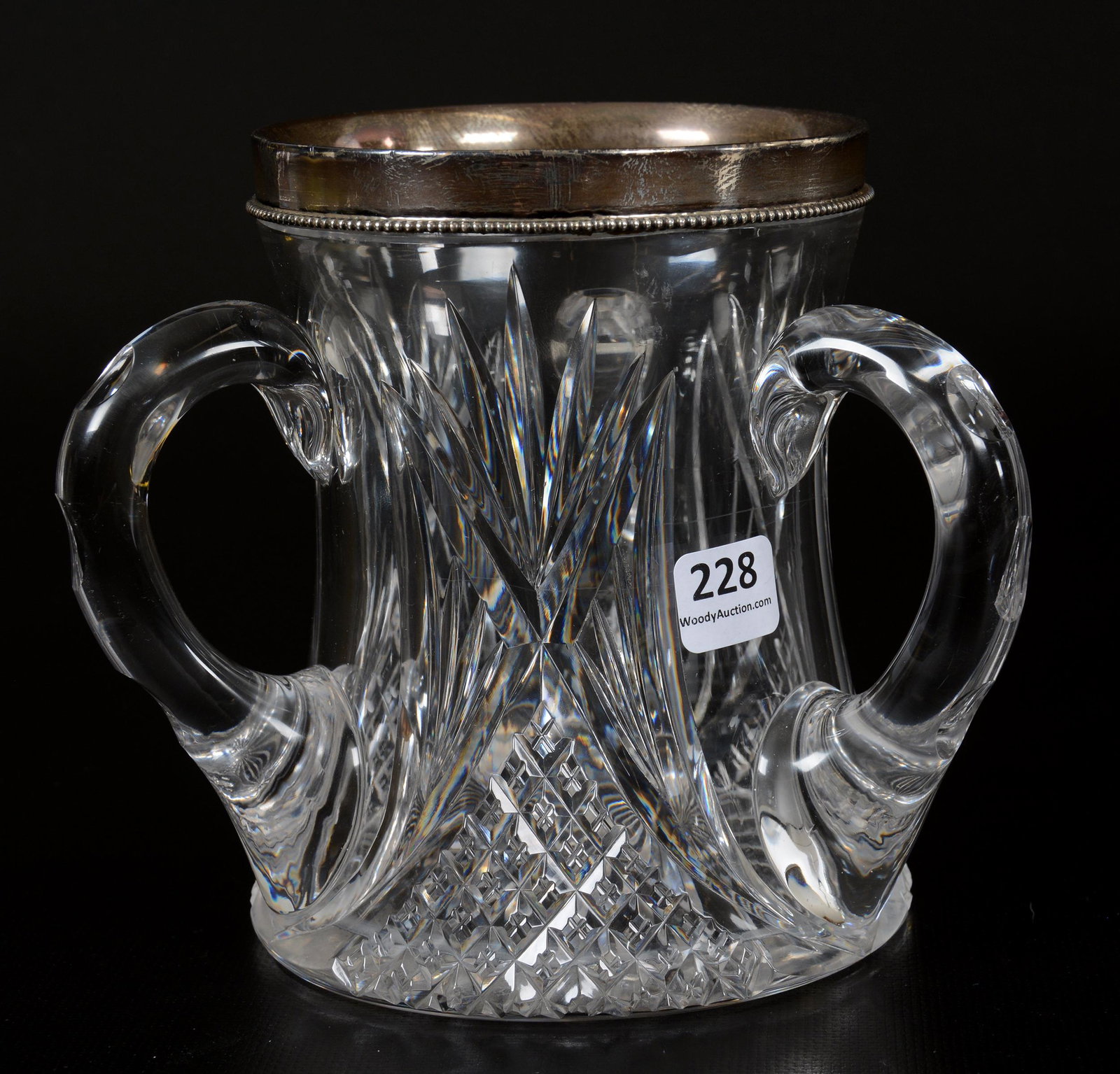 Loving Cup, Three Handles, American Brilliant Cut Glass: Loving Cup, Three Handles, American Brilliant Cut Glass, 5.75" x 6", Crosscut Diamond And Fan Motif, Sterling Silver Rim Marked International Silver #659, Mike and Mary Ann Callahan Collection.