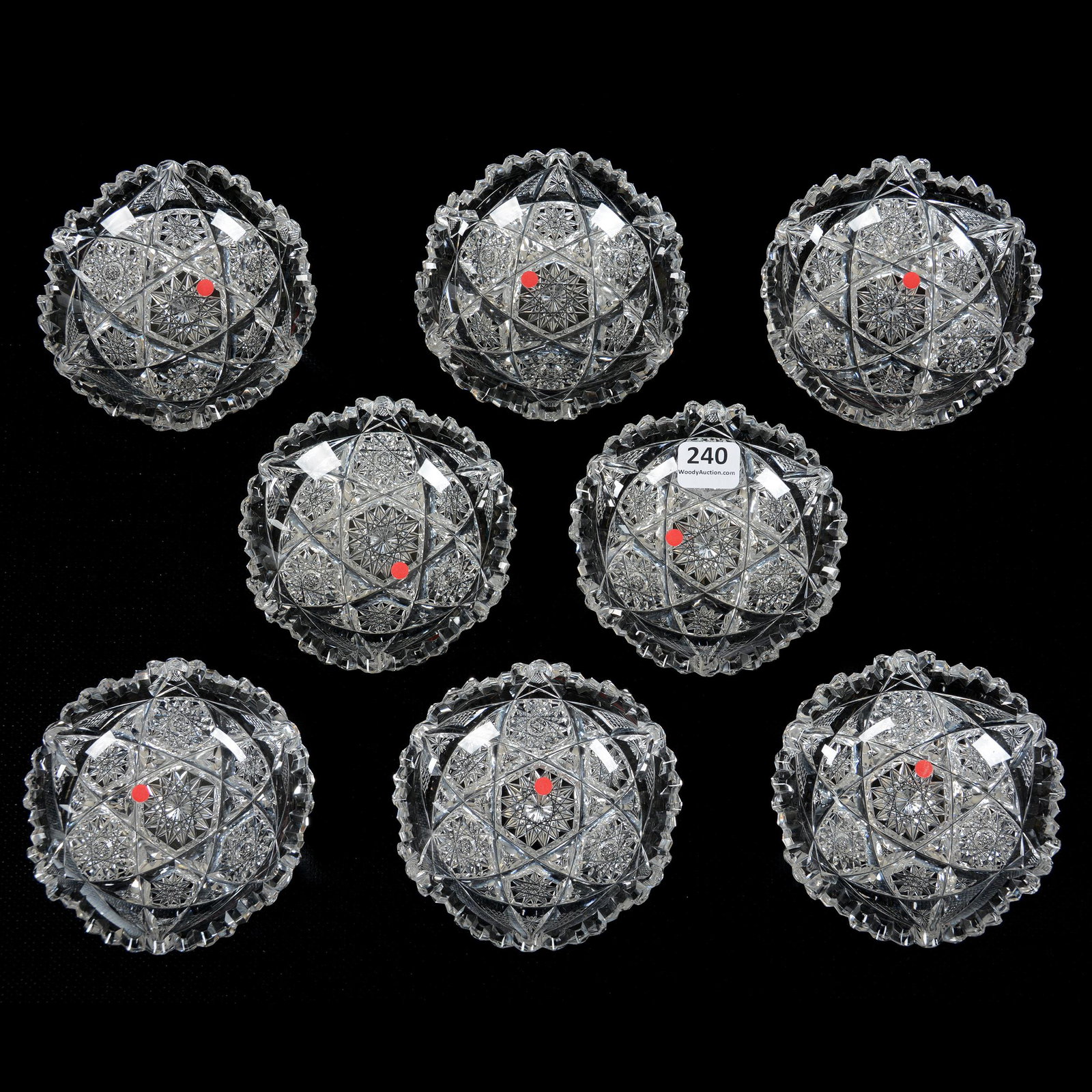 (8) Butter Pats, ABCG, Signed Libbey Colonna Pattern: (8) Butter Pats, American Brilliant Cut Glass, Signed Libbey Colonna Pattern, 4", All Are In Very Good Condition, Mike and Mary Ann Callahan Collection.