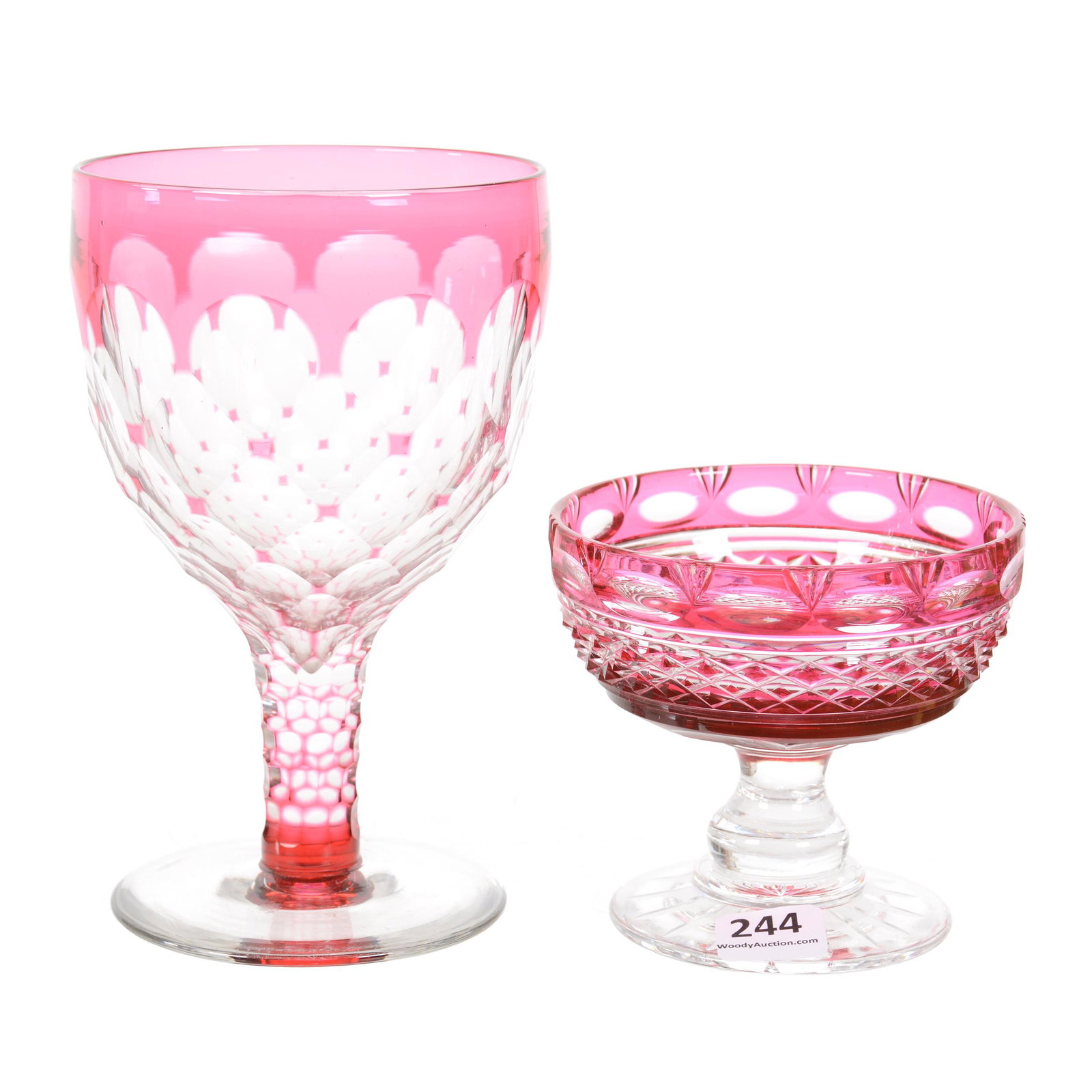 (2) Cranberry Cut To Clear Stems, BPCG: (2) Cranberry Cut To Clear Stems, Brilliant Period Cut Glass, (1) 6.25" X 3.75" Goblet, Honeycomb Design, Pattern Cut Stem, (1) 3.5" X 3.75" Sherbet, Diamond Band, Mike and Mary Ann Callahan Collectio