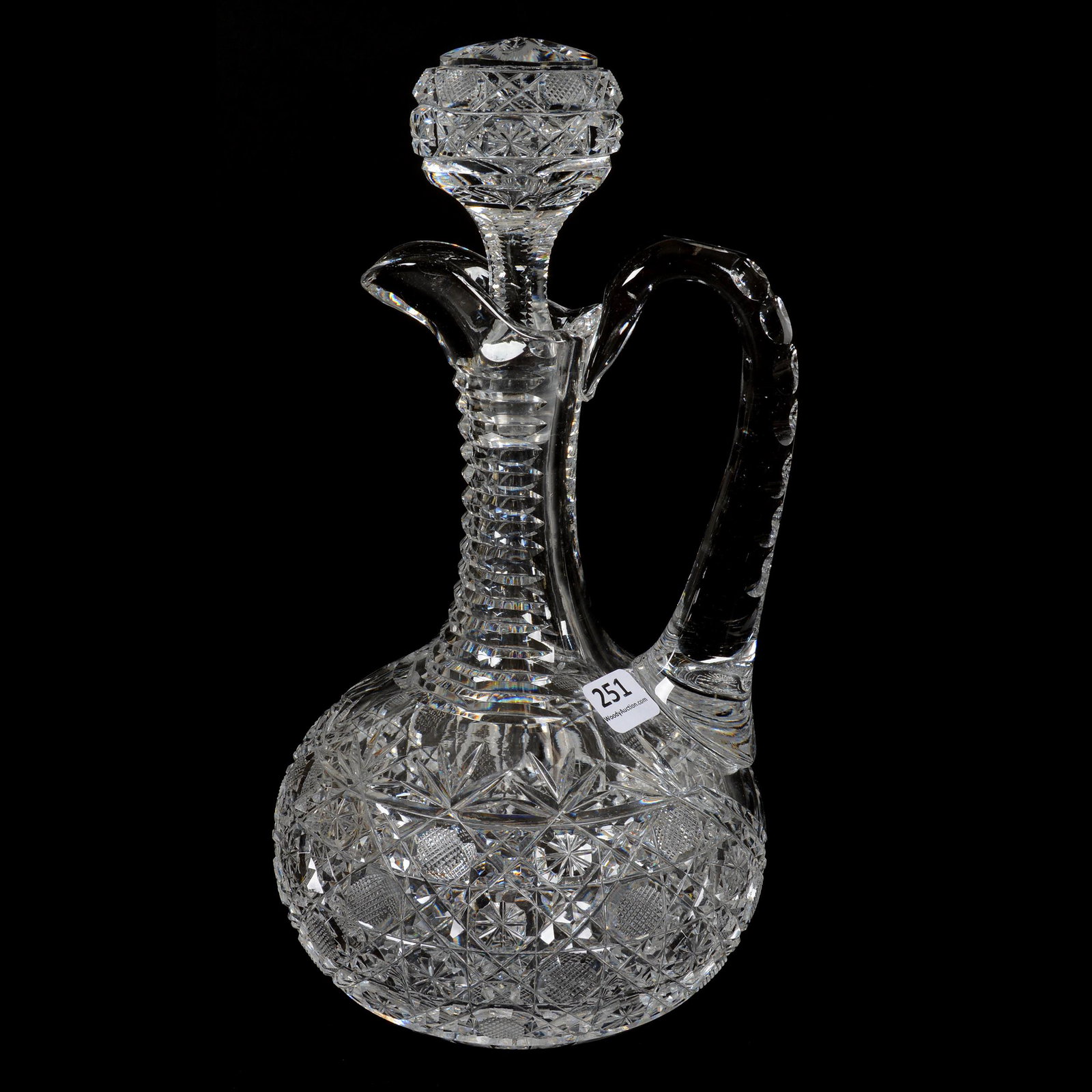 Decanter, ABCG, Royal Pattern By Empire: Decanter, American Brilliant Cut Glass, Royal Pattern By Empire, 11" x 6", Step Cut Neck, Ray Cut Base, Double Notched Handle, Clear Blank, Private Collection, KS.