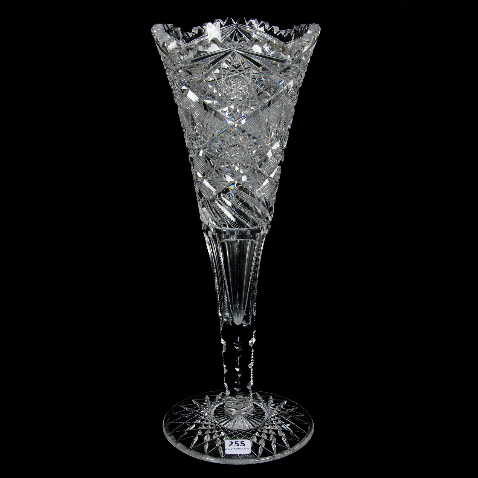 Trumpet Vase, American Brilliant Cut Glass: Trumpet Vase, American Brilliant Cut Glass, 14" x 5.25", Hobstar, Strawberry Diamond, Star, Zipper And Fan Motif, Hobstar Foot, Private Collection, KS.