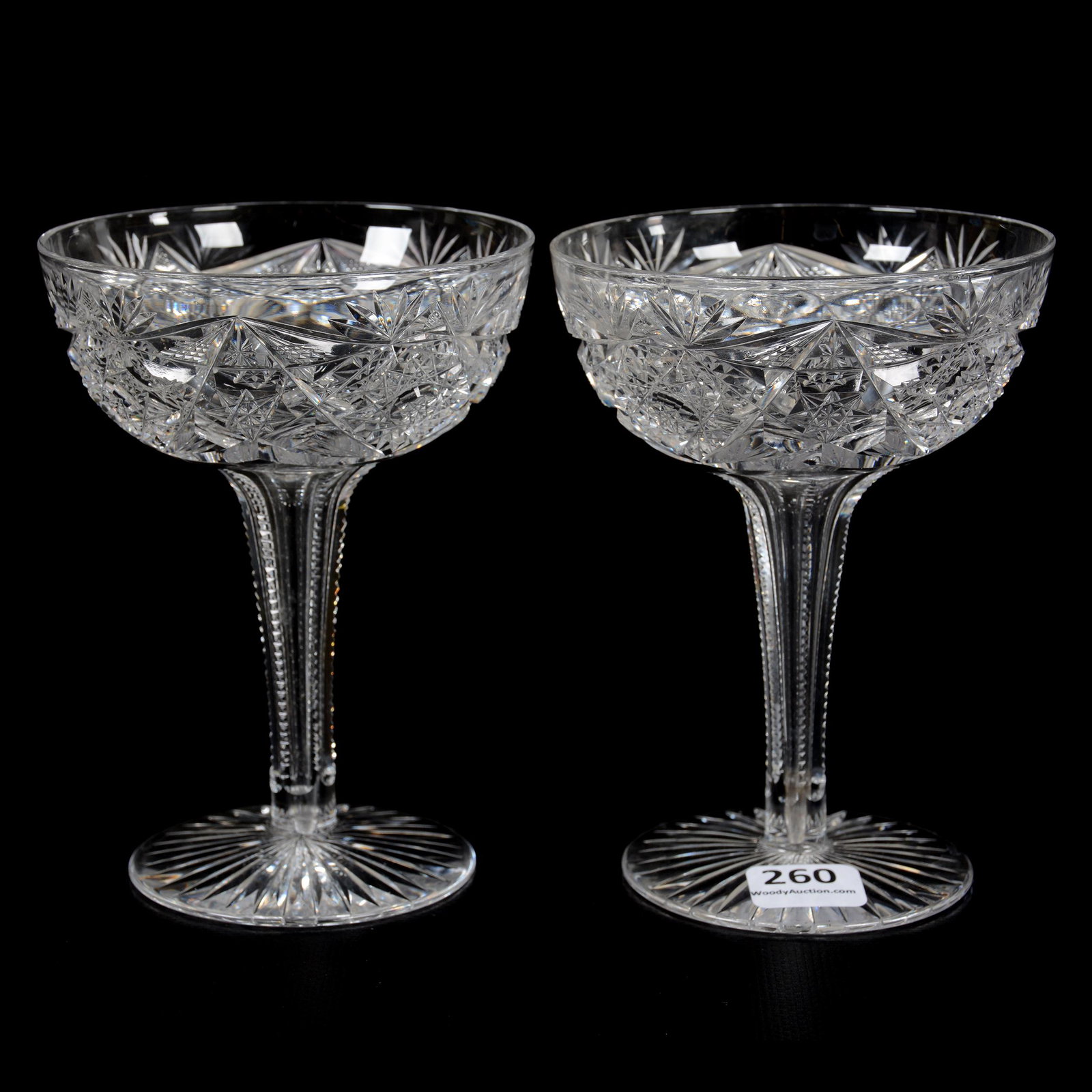 (2) Champagnes, ABCG, Signed Libbey Colonna: (2) Champagnes, American Brilliant Cut Glass, Signed Libbey Colonna, 5.125" x 3.75", Hollow Stem, Ray Cut Foot, Mike and Mary Ann Callahan Collection.