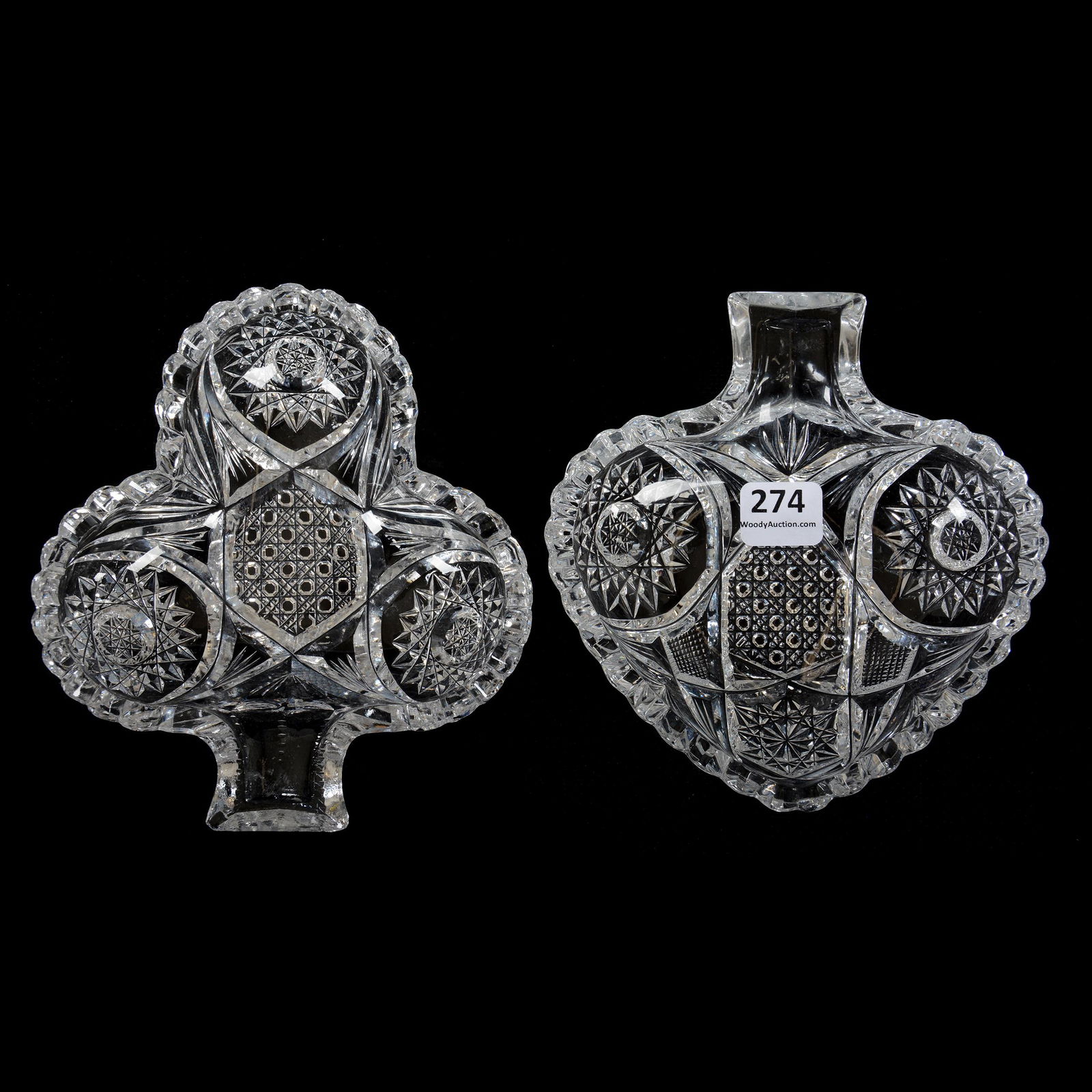 (2) Bridge Set Bon-Bons, American Brilliant Cut Glass: (2) Bridge Set Bon-Bons, American Brilliant Cut Glass, 5.5", Hobstar, Cane And Fan Motif, One Is In Shape Of Club, One In Shape Of Spade, Private Collection, TX.