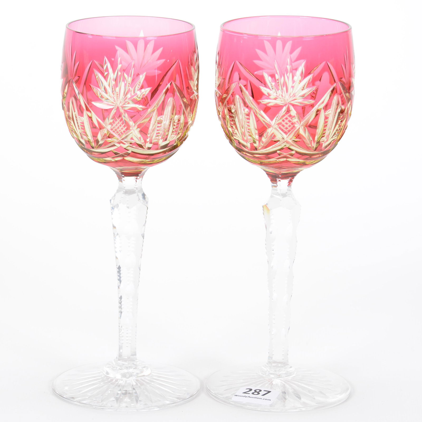 Pair Wine Stems, BPCG, Cranberry Cut To Vaseline: Pair Wine Stems, Brilliant Period Cut Glass, Cranberry Cut To Vaseline, 7.75" x 2.75", Lubin Pattern By Val St. Lambert, Circa 1905, Notched Stem, Ray Cut Foot, Nice Color, Private Collection, KS.