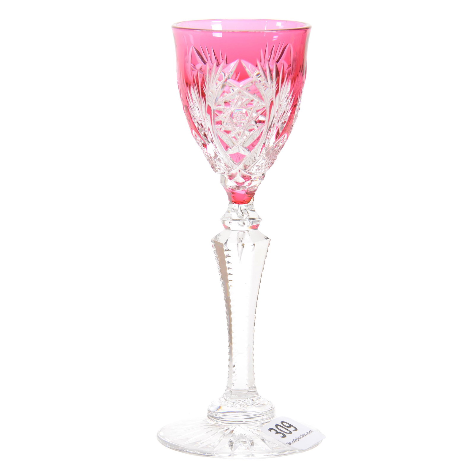 Wine Stem, BPCG, Cranberry Cut To Clear: Wine Stem, Brilliant Period Cut Glass, Cranberry Cut To Clear, 5.5" x 2.25", Elsie Pattern By Val St. Lambert, Circa 1910, Private Collection, KS.