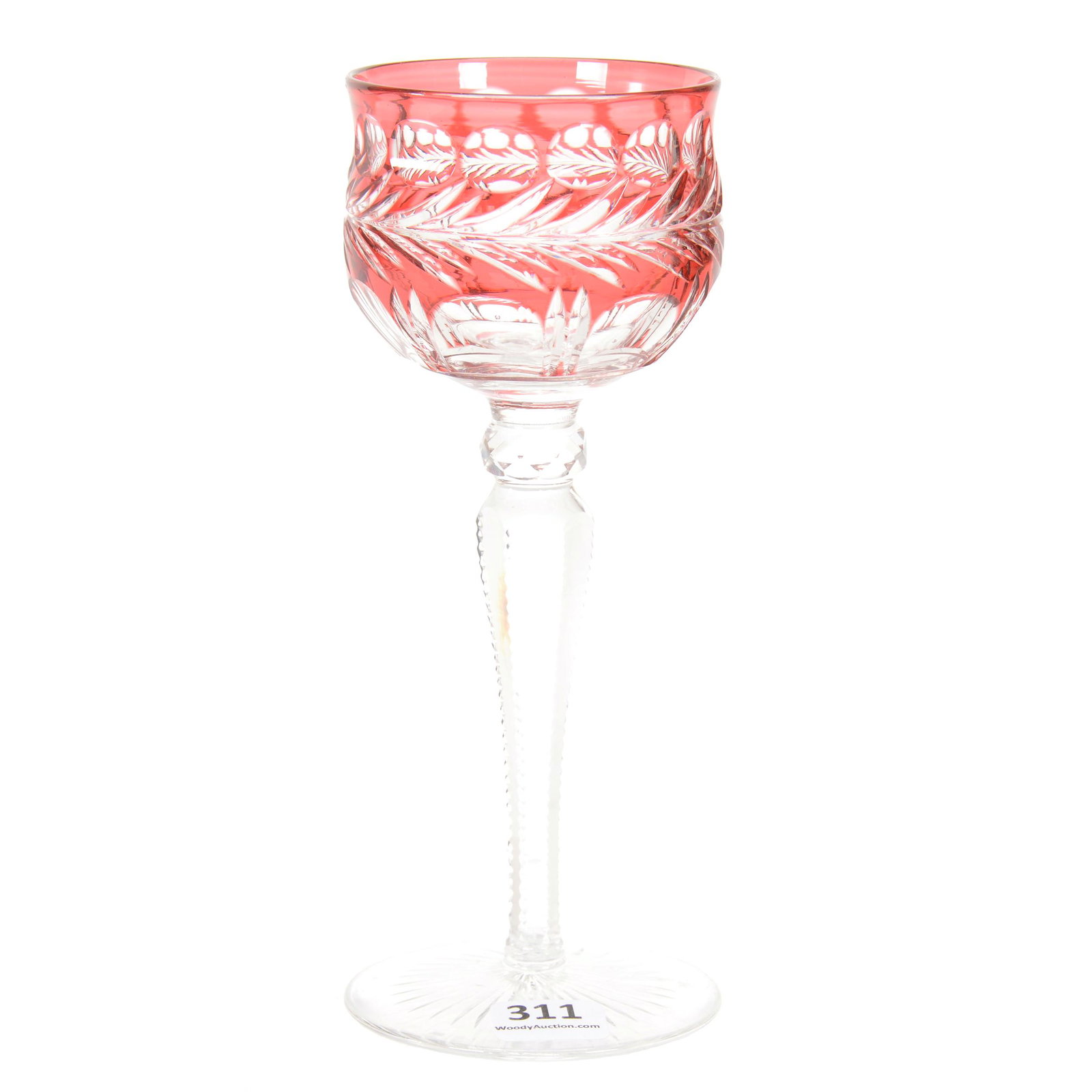 Wine Stem, BPCG, Cranberry Cut To Clear: Wine Stem, Brilliant Period Cut Glass, Cranberry Cut To Clear, 7.25" x 2.75", Bullseye And Leaf Design, Notched Stem, Ray Cut Base, European Design, Private Collection, KS.