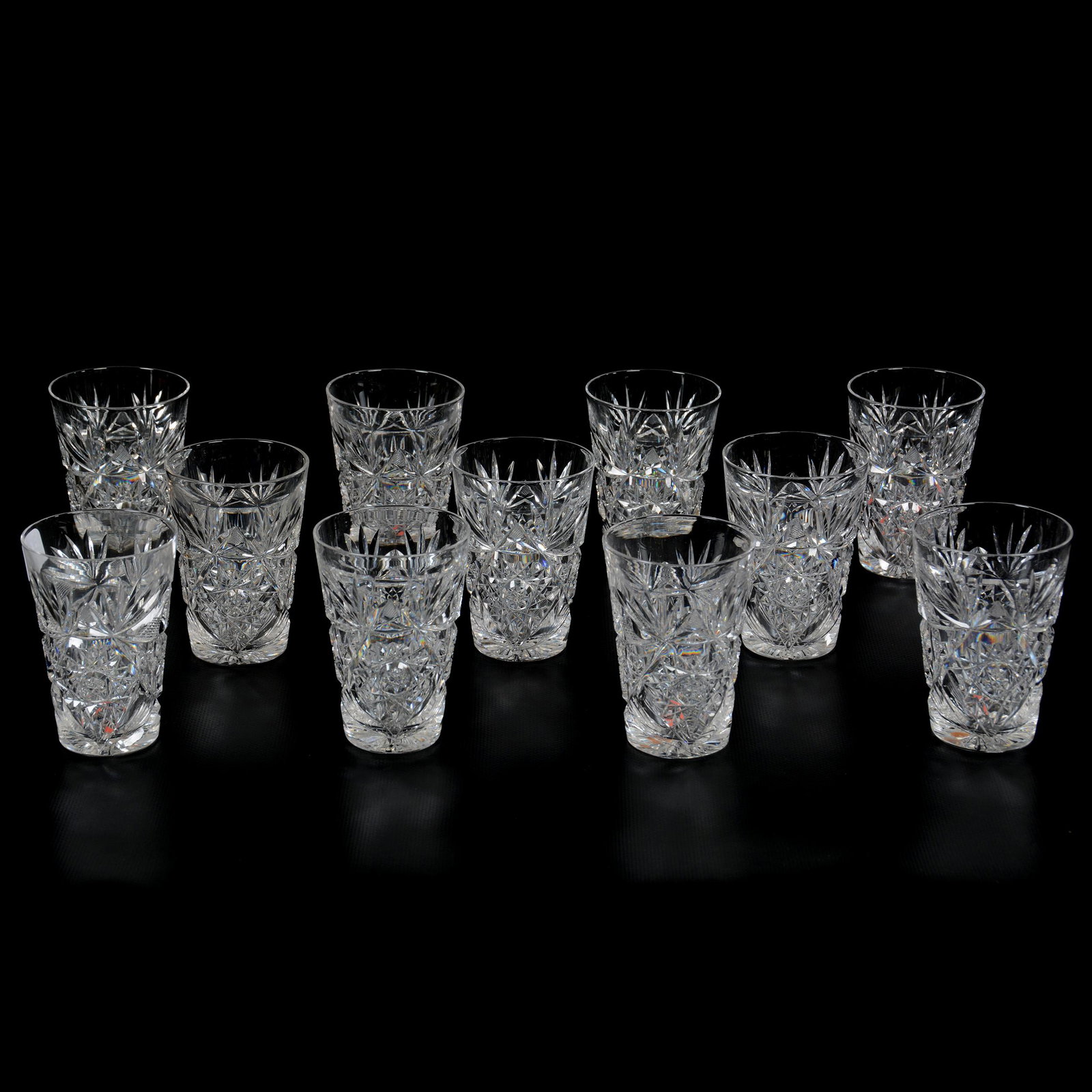 (11) Juice Glasses, ABCG, Signed Libbey Colonna: (11) Juice Glasses, American Brilliant Cut Glass, Signed Libbey Colonna, 3.75", Ray Cut Base, Mike and Mary Ann Callahan Collection.