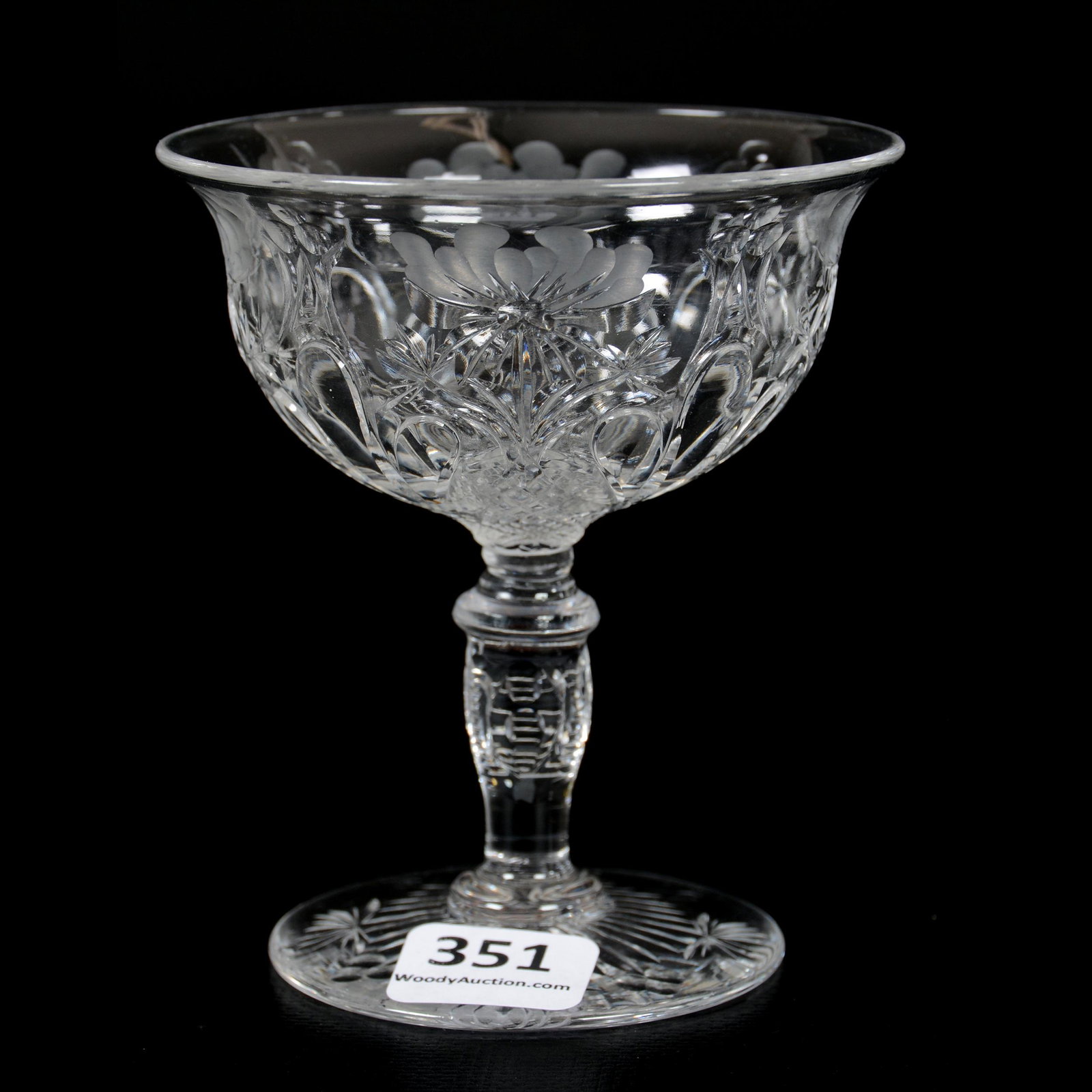 Wine Stem, Brilliant Period Cut Glass: Wine Stem, Brilliant Period Cut Glass, 3.75" x 3.25", Spiderweb Center Design With Clear Tusks And Engraved Floral Highlights, Pattern Cut Foot, Engraved Stem, Attributed To Webb, Private Collection, 