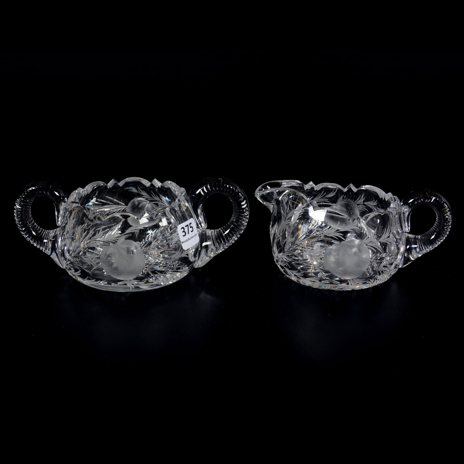 Creamer & Sugar Set, ABCG, Signed Hawkes Gravic: Creamer & Sugar Set, American Brilliant Cut Glass, Signed Hawkes Gravic, 2.75", Intaglio Strawberry Pattern, Hobstar Base, Solid Notched Handles, Nice Quality, Private Collection, KS.
