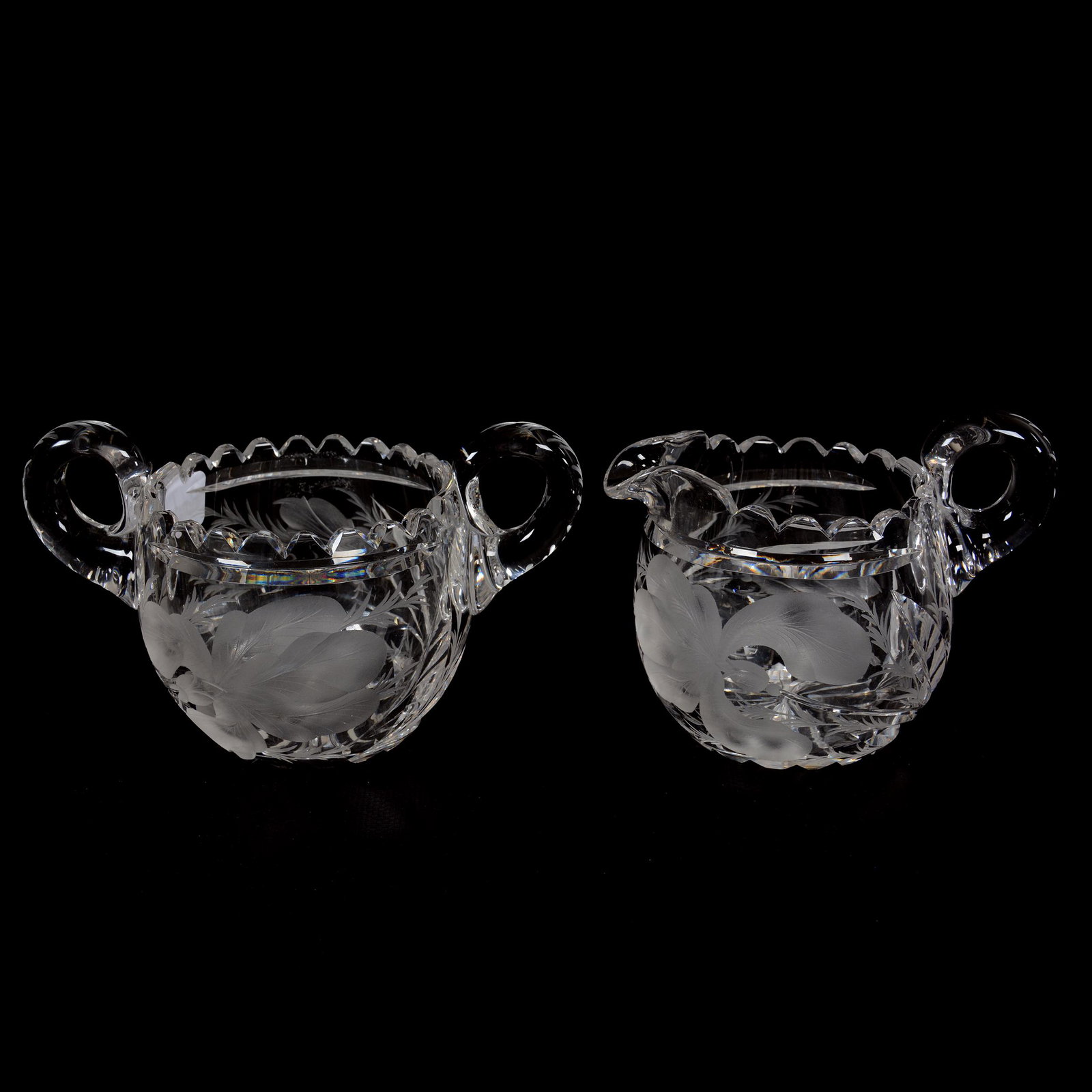 Creamer & Sugar Set, ABCG, Intaglio Iris By Hawkes: Creamer & Sugar Set, American Brilliant Cut Glass, Intaglio Iris By Hawkes, 3.5", Ray Cut Base, Pattern Engraved Handles, Private Collection, KS.