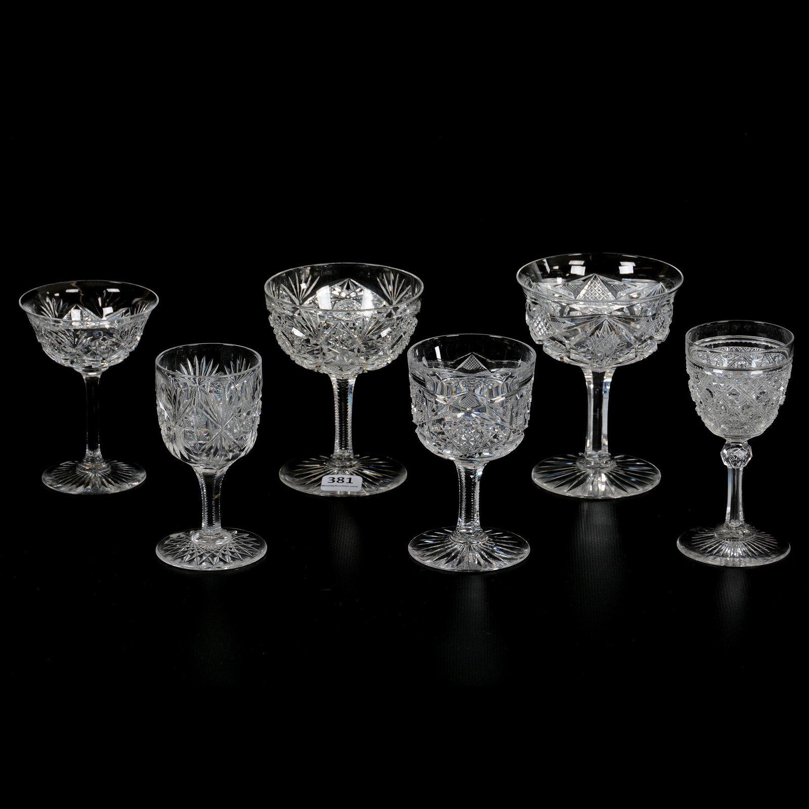 (6) Stems, ABCG, Assorted Patterns & Makers: (6) Stems, American Brilliant Cut Glass, Assorted Patterns & Makers, (1) 4.625", Yolanda Pattern By Clark, (1) 4.375", Monarch Pattern By J. Hoare, (1) 4.625", Triple Miter Trellis, (1) 4.25", Cambria