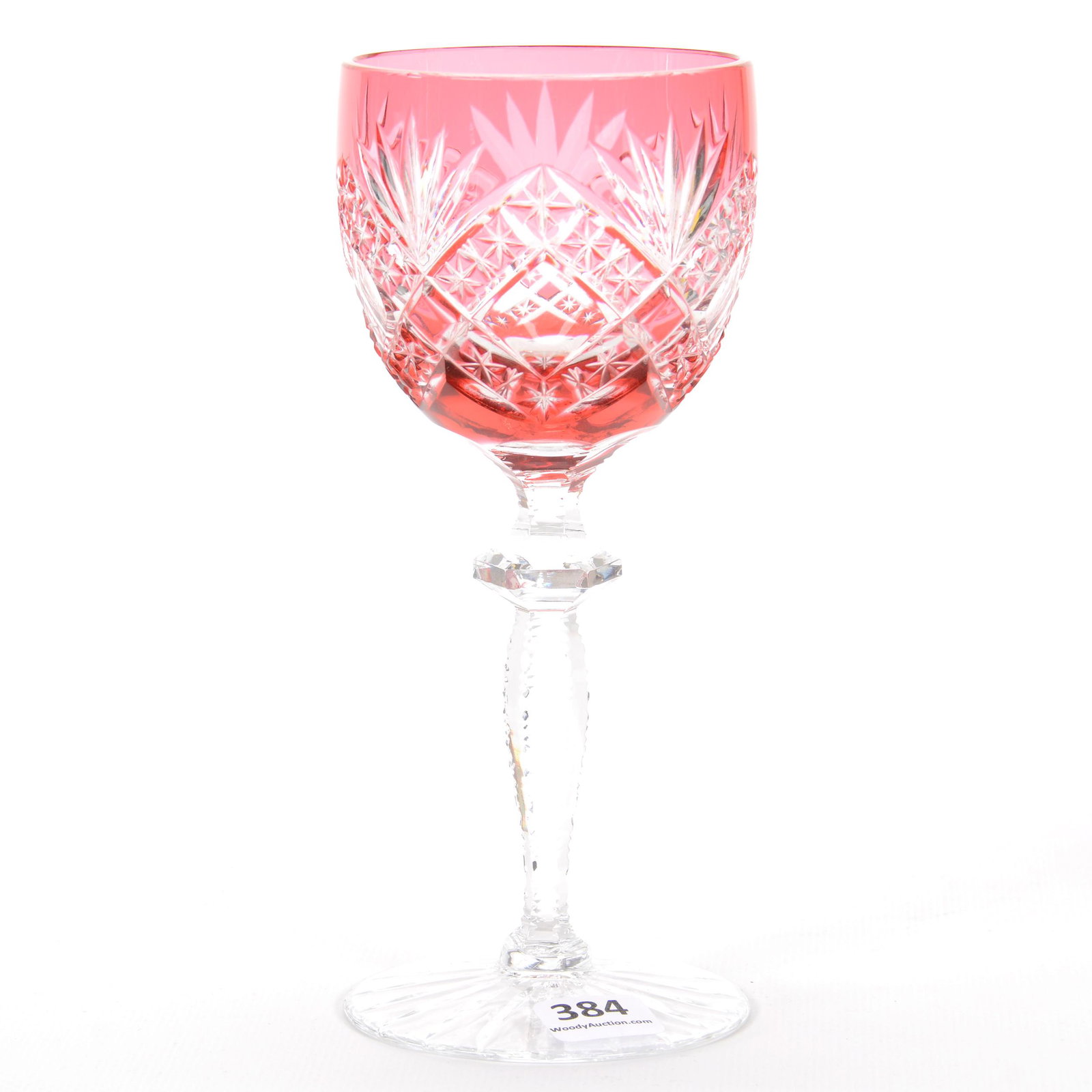 Wine Stem, BPCG, Cranberry Cut To Clear: Wine Stem, Brilliant Period Cut Glass, Cranberry Cut To Clear, 7.25" x 3", Clear Diamond, Star Block And Fan Motif, Ray Cut Foot, Mike and Mary Ann Callahan Collection.