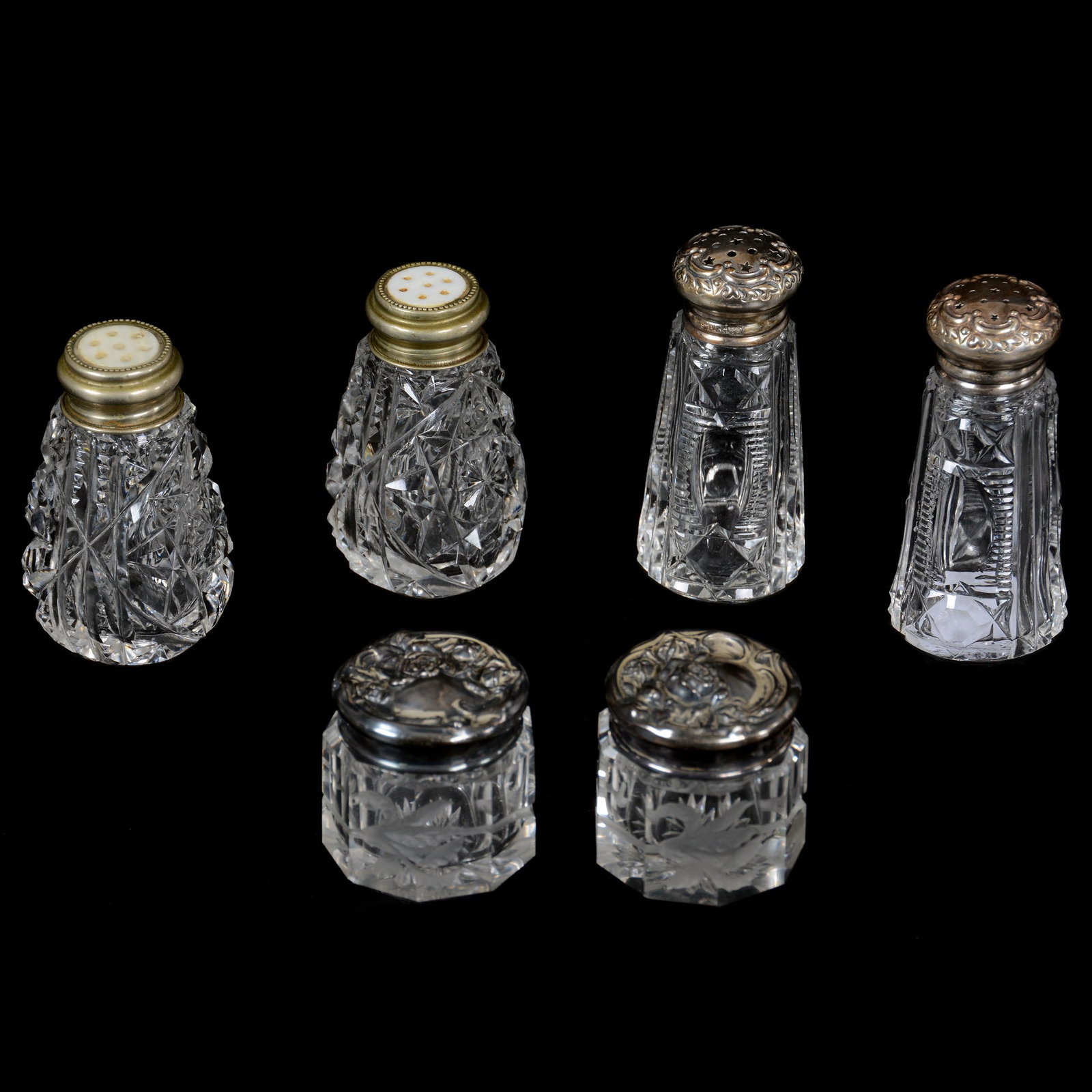 (3) Pair Silver Top ABCG Items: (3) Pair Silver Top American Brilliant Cut Glass Items, (1) 3.25" Salt & Pepper, Prism, Long Thumbprint & Hobstar Motif, Wilcox Sterling Tops, (1) 2.75" Salt & Pepper, Hobstar & Prism Motif, Silver & 