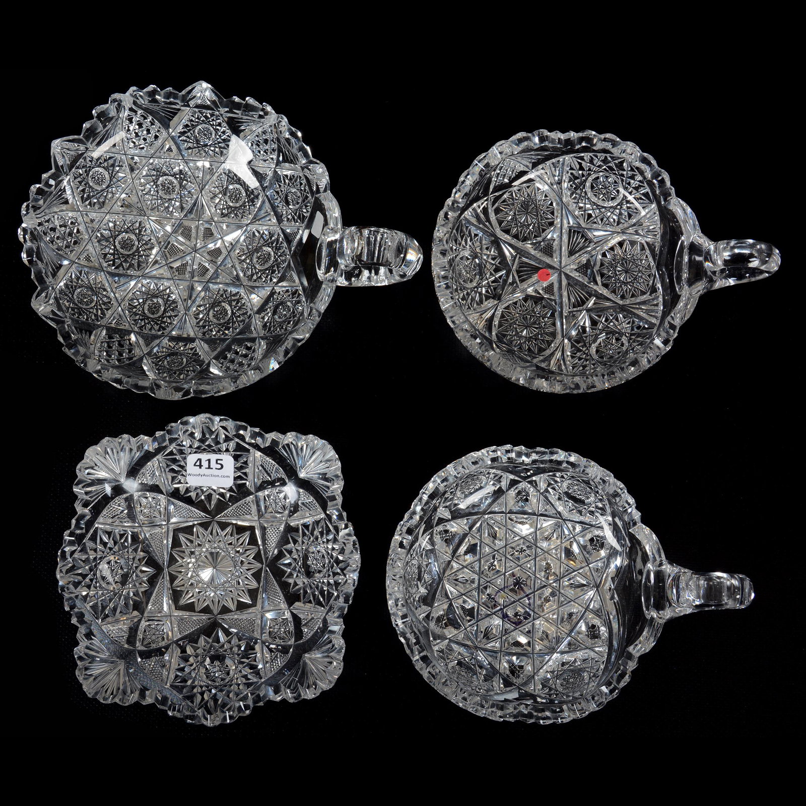 (4) Bon-Bons/Nappies, ABCG: (4) Bon-Bons/Nappies, American Brilliant Cut Glass, (1) 6", One Handle, Hobstar, Vesica And Nailhead Diamond Motif, (1) 5" Handled Nappy Signed J. Hoare Steuben Pattern, (1) 5" Handled Nappy Signed Li