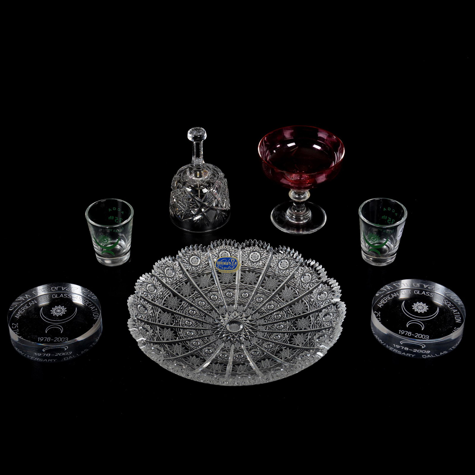 (7) Assorted Items: (7) Assorted Items, (1) 8.5" Bohemian Plate With Original Label And Original Box, (1) 4.5" Converted Bell, Originally Was Wine Glass With Base Trimmed, (1) 3.75" Signed Baccarat Stem, Cranberry Bowl, 