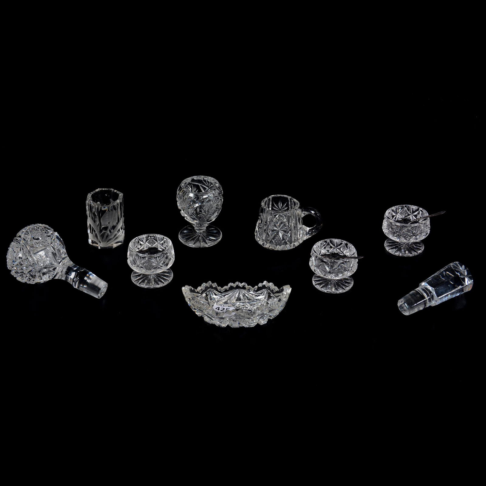 (10) Assorted Items: (10) Assorted Items, (3) Pedestal Salt Dips, (1) Quality Cut Stopper, (3) Toothpick Holders, (1) Canoe Shaped Nut Dish, (1) Open Mustard Jar, (1) Panel Cut Stopper, See Photos For Details, Private Col