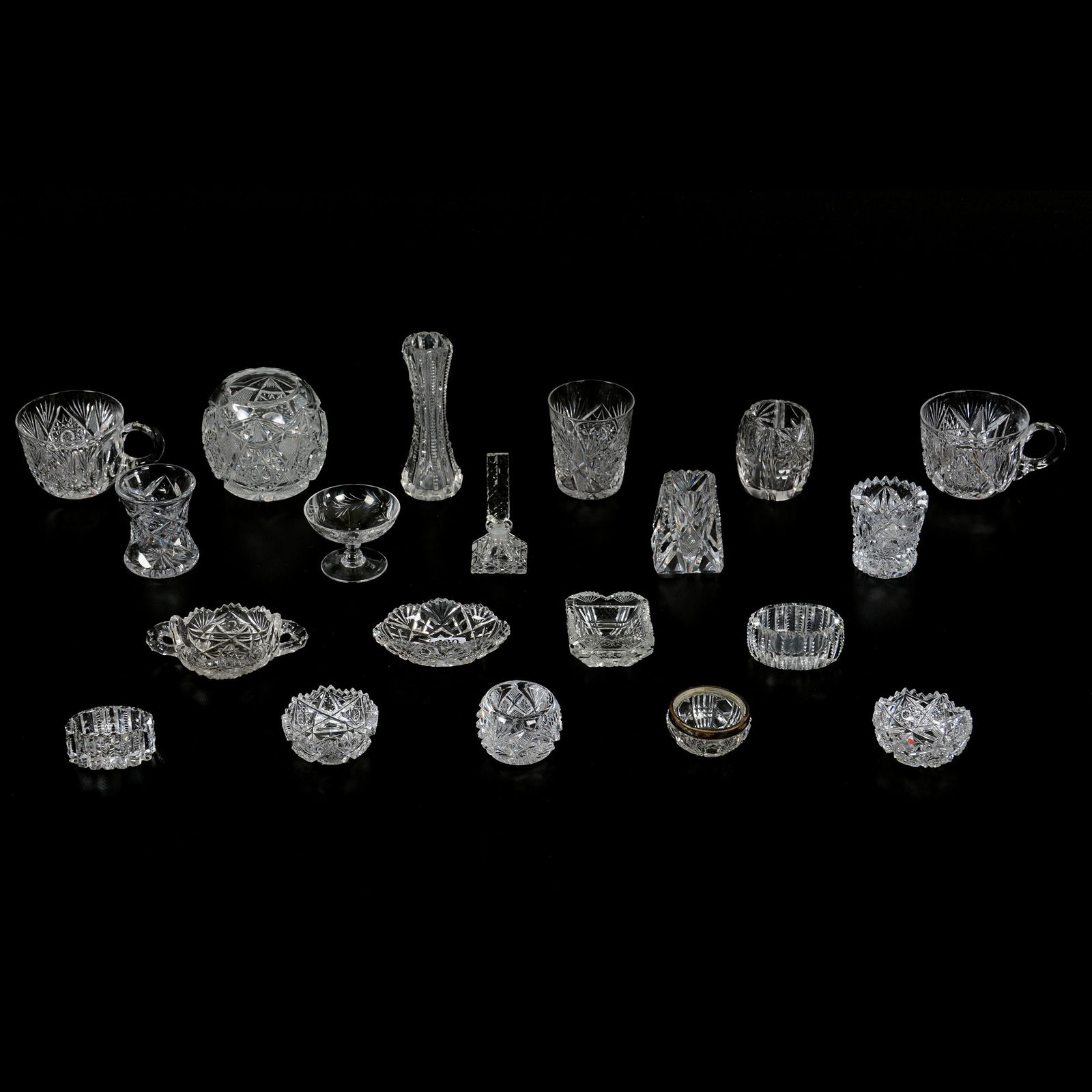 (20) Assorted Cut Glass Items - Grab Bag!: (20) Assorted Cut Glass Items - Grab Bag!, (8) Salt Dips Including (1) Signed J. Hoare Monarch Pattern, (4) Toothpick Holders, (1) Whiskey Tumbler, (2) Punch Cups, Bud Vase And More, See Photos For De