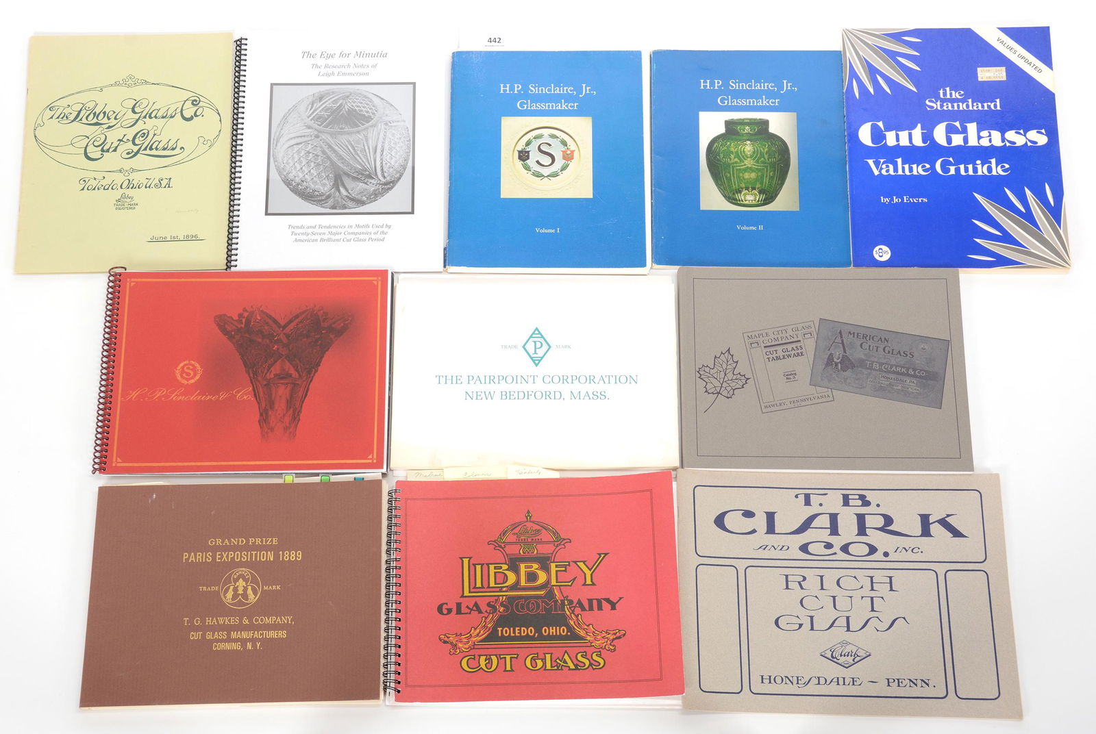 (11) American Brilliant Cut Glass Books & Catalogs: (11) American Brilliant Cut Glass Books & Catalogs, (2) H.P. Sinclaire, Jr., Glassmaker, Volumes I & II, By Estelle Sinclaire Farrar, 1974, 1975, (1) Eye For Minutia, Research Notes Of Leigh Emmerson,