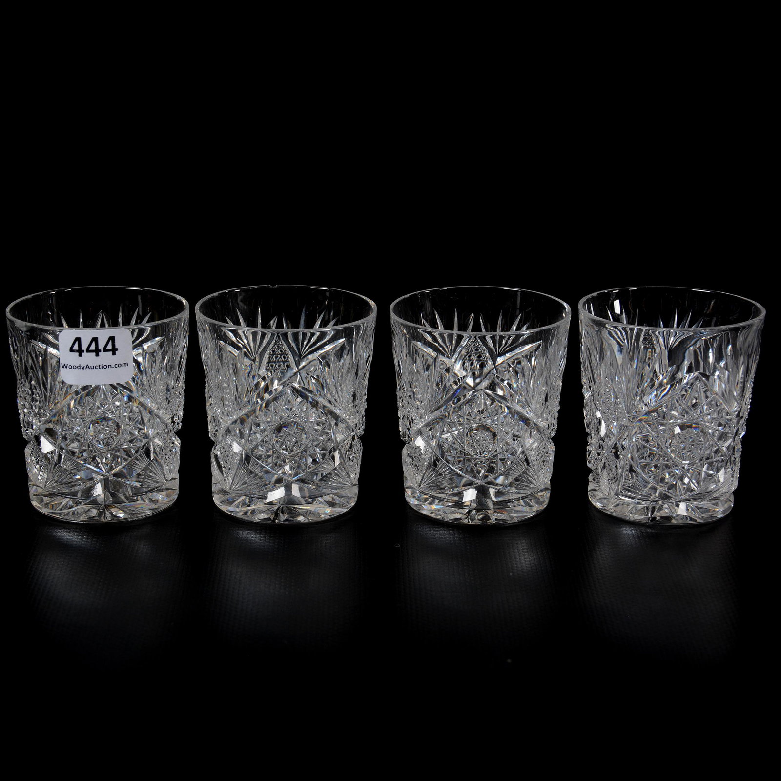 (4) Whiskey Tumblers, American Brilliant Cut Glass: (4) Whiskey Tumblers, American Brilliant Cut Glass, 2.5", Hobstar, Nailhead Diamond And Fan Motif, Ray Cut Base, Mike and Mary Ann Callahan Collection.