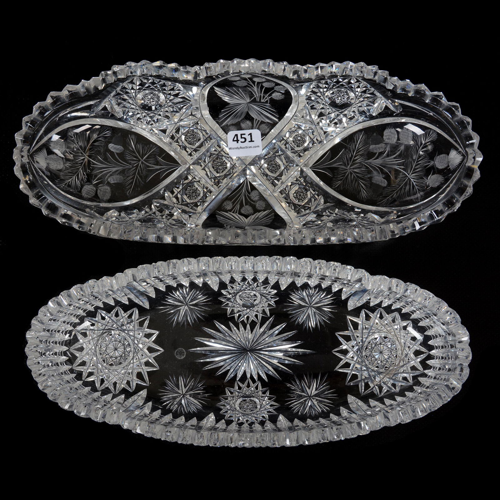 (2) Celery Trays, American Brilliant Cut Glass: (2) Celery Trays, American Brilliant Cut Glass, (1) 11.5" X 4.5", Hobstar And Engraved Panels With Acorn And Floral Highlights, Three Teeth With Chips, (1) 10.5" X 4.5", Hobstar, Star And Prism Motif,