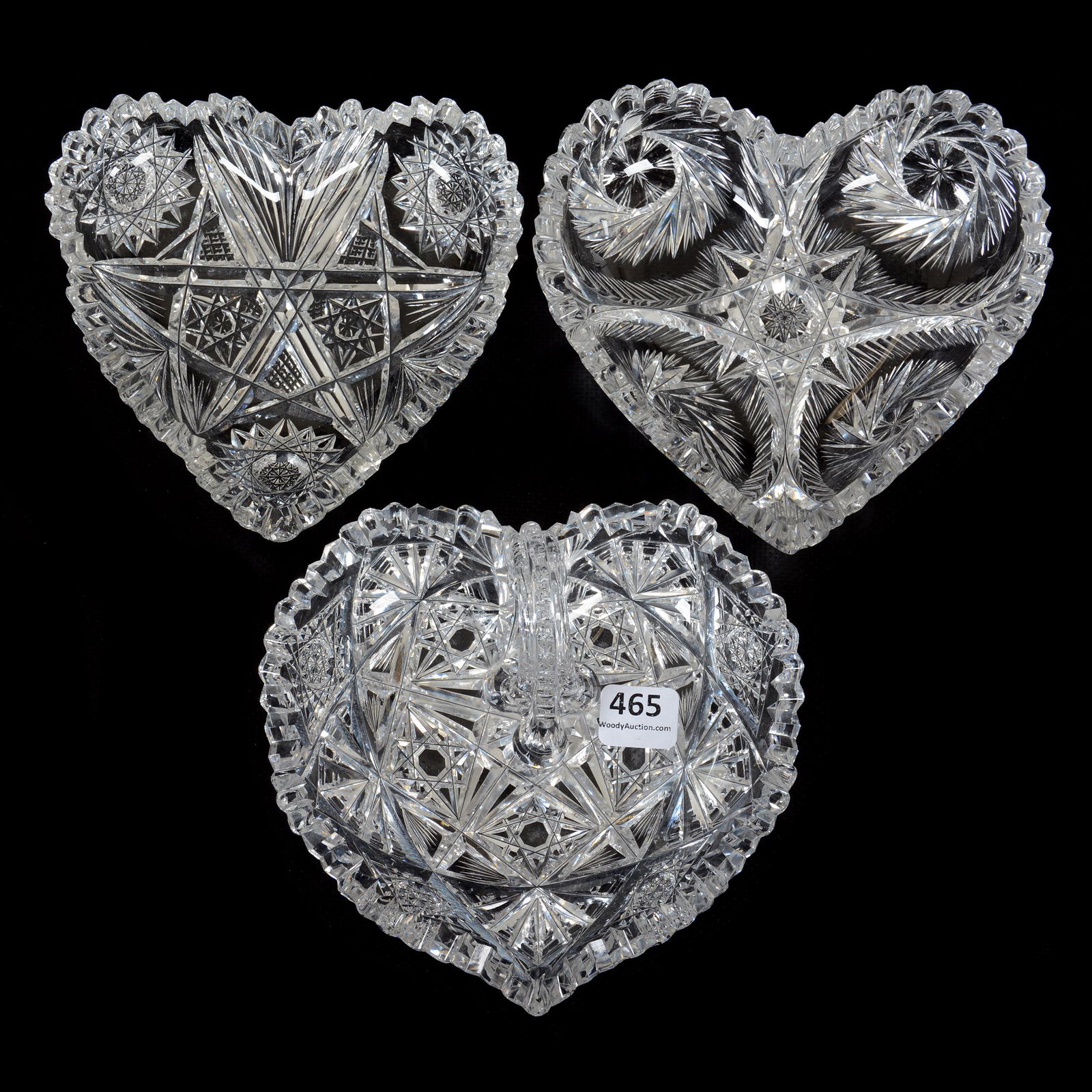 (3) Heart Shaped Bon-Bons, ABCG: (3) Heart Shaped Bon-Bons, American Brilliant Cut Glass, 5.5", (1) Internal Handle, Signed Hawkes, Hobstar And Notched Fan Motif, One Tooth Chip, (1) Signed Libbey Sunset Pattern, Exactly As Featured