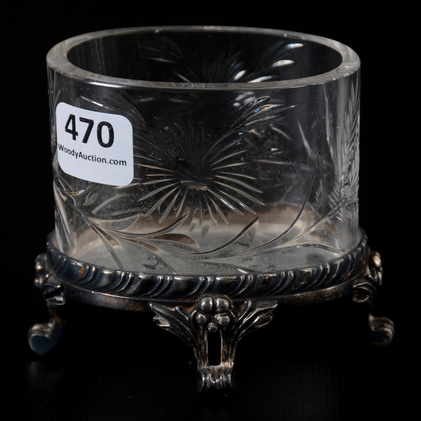 Cigarette Holder, ABCG, Pairpoint #4918: Cigarette Holder, American Brilliant Cut Glass, Pairpoint #4918, 3" x 3.25", Lightly Engraved Floral Decor, Removeable Silverplate Base, Private Collection, WA.