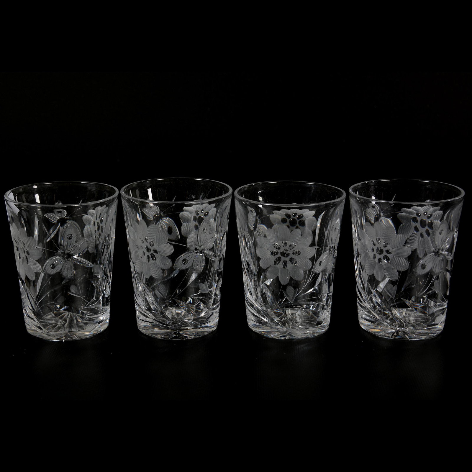 (4) Tumblers, American Brilliant Cut Glass: (4) Tumblers, American Brilliant Cut Glass, 4" x 3", Engraved Floral And Butterfly, Ray Cut Base, Private Collection, WA.