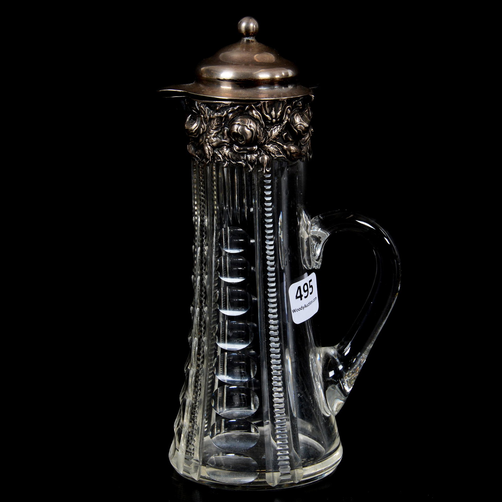 Syrup Pitcher, American Brilliant Cut Glass: Syrup Pitcher, American Brilliant Cut Glass, 7.5" x 3.5", Punty And Zipper Motif, Elaborate Sterling Silver Flip Top With Raised Design, Sterling Marked Model #1888, Maker Unidentified, Private Collec