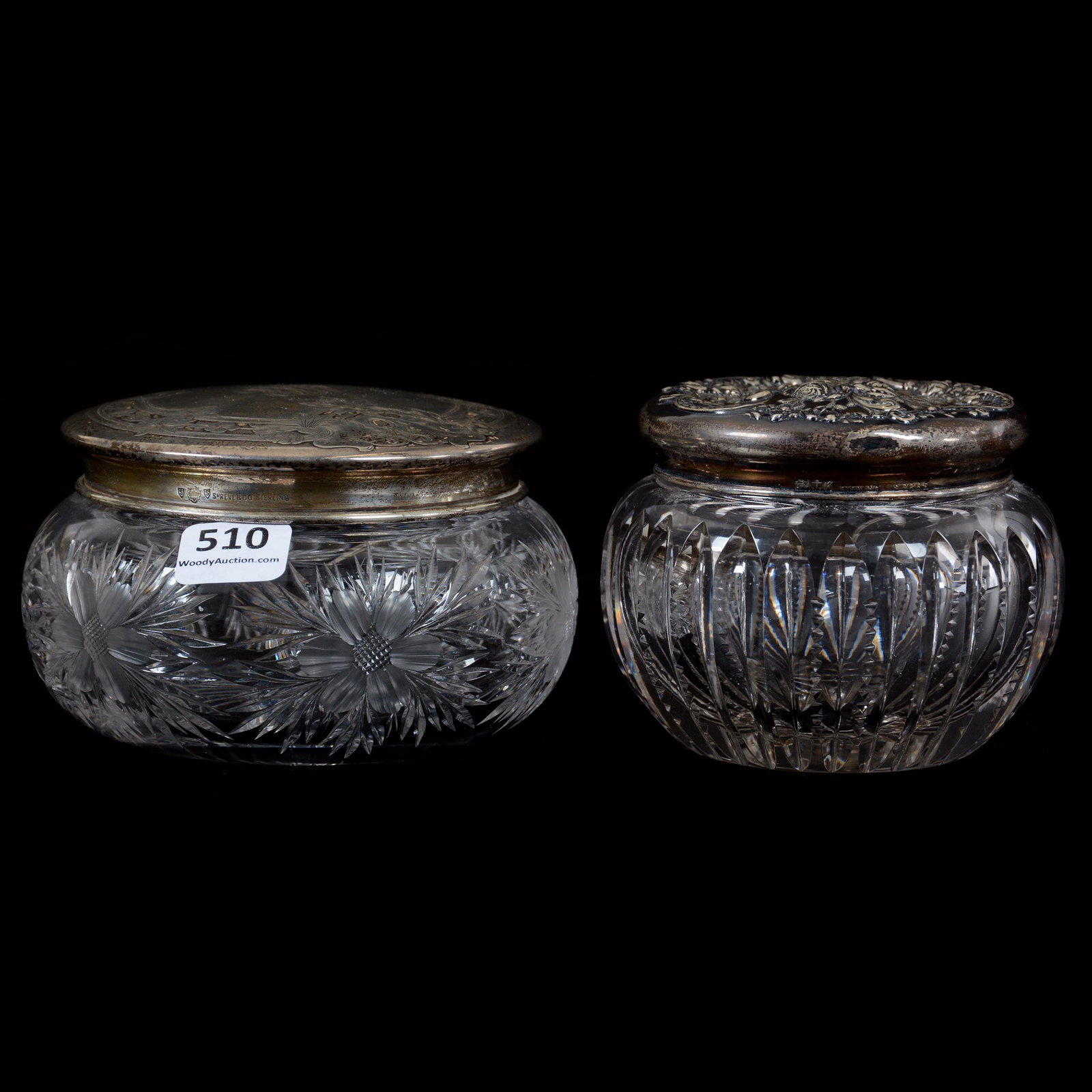 (2) Powder Boxes With Sterling Lids, ABCG: (2) Powder Boxes With Sterling Lids, American Brilliant Cut Glass, (1) 3" X 3.5", Prism Pattern, Sterling Gorham S3235 Lid, (1) 2.75" X 4.5", Engraved Floral Jar With Sterling Shreve & Company Lid, Pr