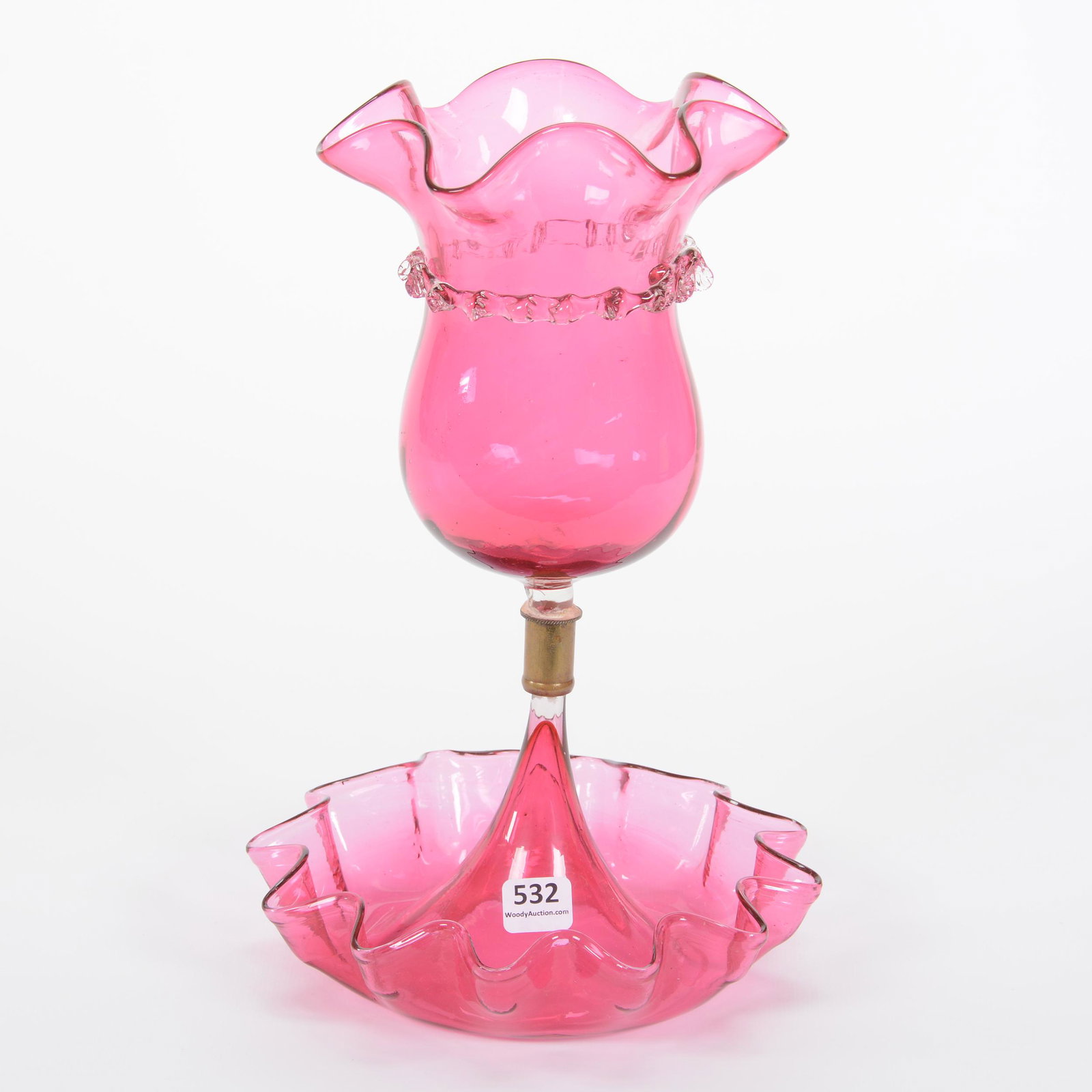 Epergne, Single Lily Cranberry Art Glass: Epergne, Single Lily Cranberry Art Glass, 11.5" x 7.5", Ruffled Rim, Applied Clear Rigoree On Lily, Private Collection, NY.