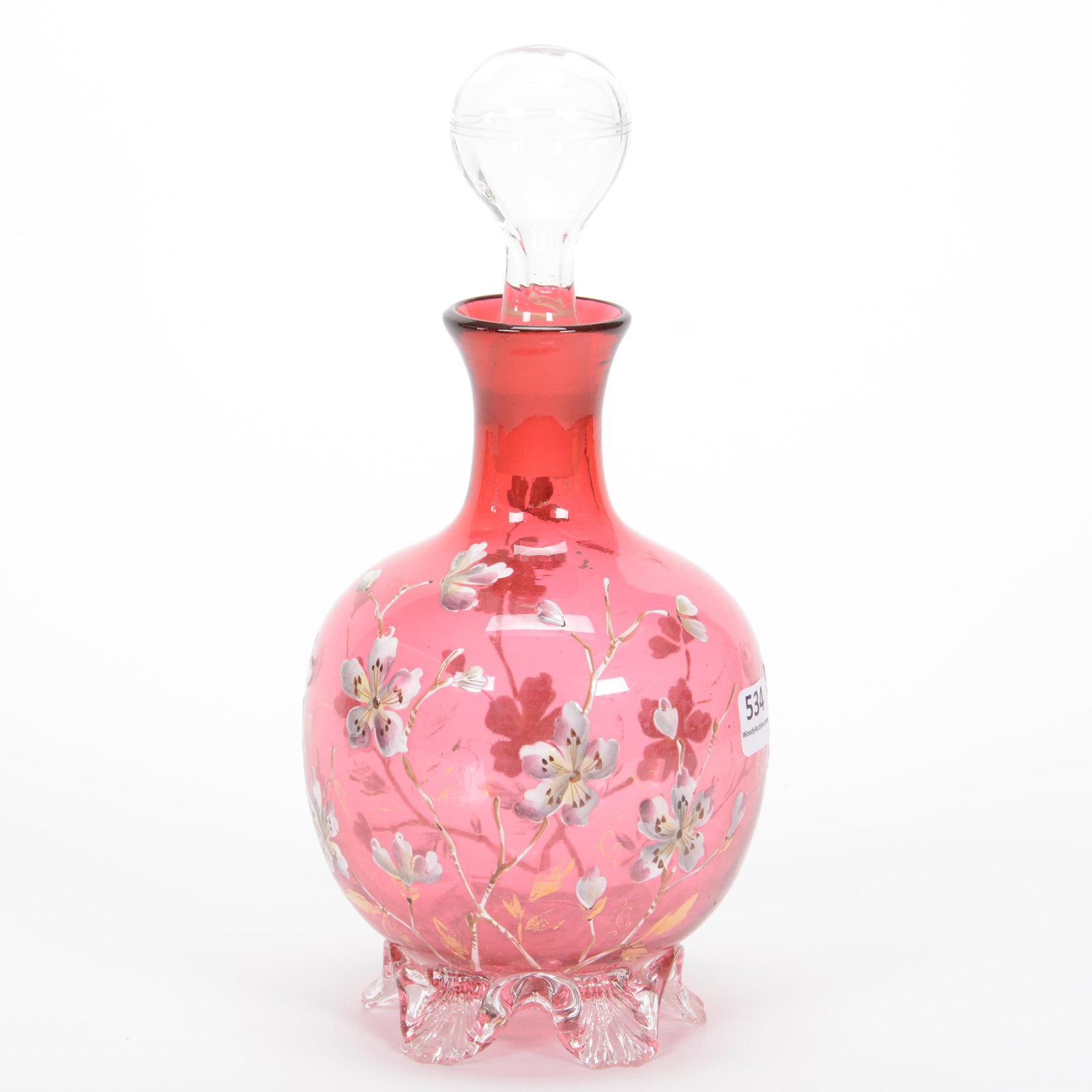 Decanter, Decorated Cranberry Art Glass: Decanter, Decorated Cranberry Art Glass, 10.25" x 4.5", Enameled Blossom And Branch Decor, Clear Applied Petal Feet, Possible Replacement Stopper, Private Collection, NY.
