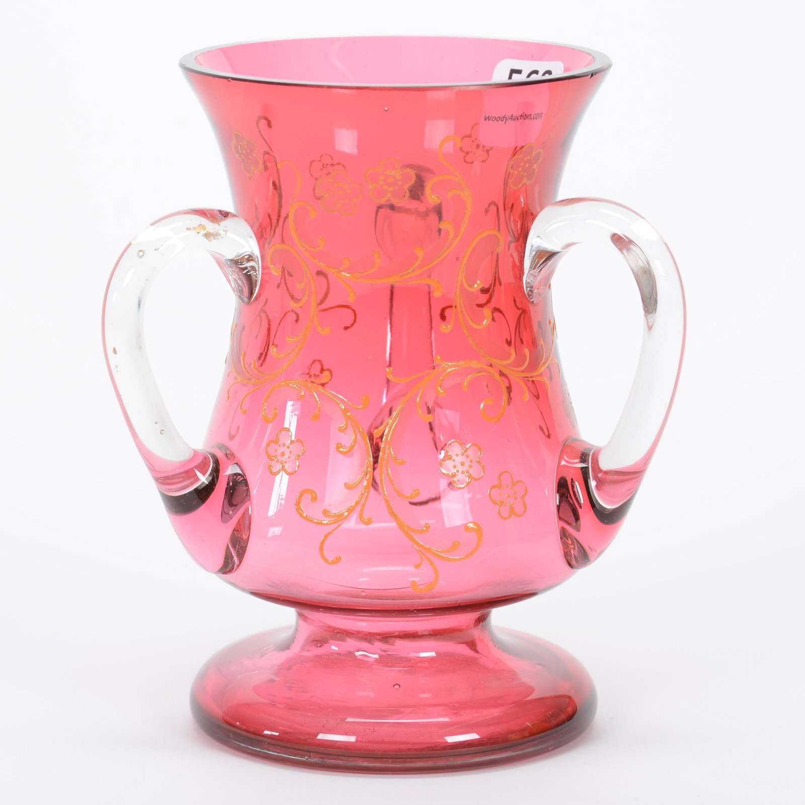 Pedestal Loving Cut, Three Handled, Cranberry: Pedestal Loving Cut, Three Handled, Cranberry Art Glass, 5.5" x 4.5", Clear Applied Handles, Private Collection, NY.