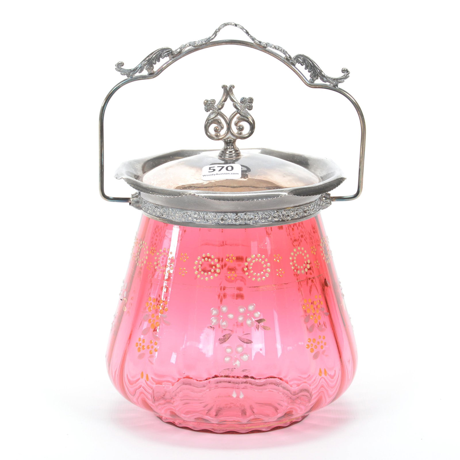 Biscuit Jar, Cranberry Art Glass Optic Rib: Biscuit Jar, Cranberry Art Glass Optic Rib, 7.5" x 5.5", Enamel Floral Decor, Silverplate Lid And Bail, Private Collection, NY.